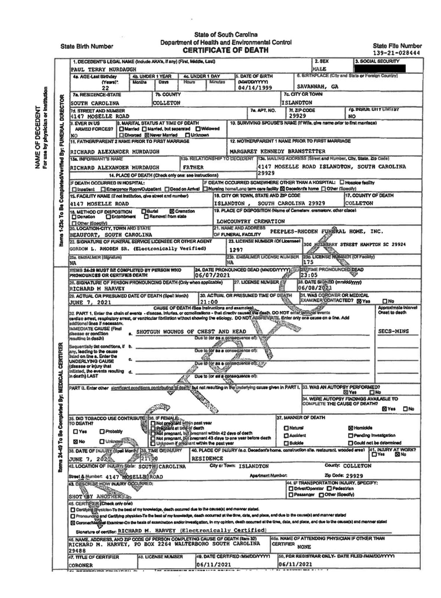 Paul’s Death Certificate r/MurdaughFamilyMurders