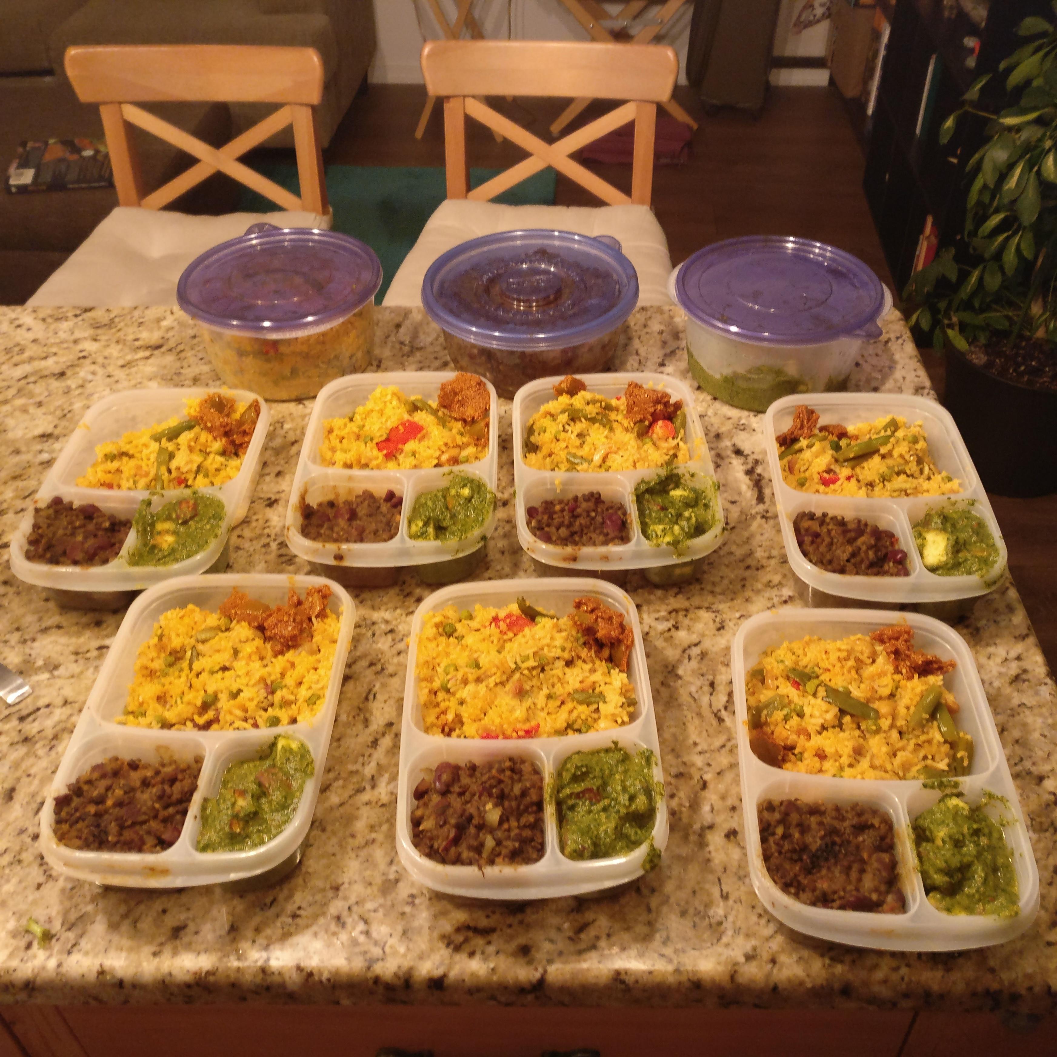indian meal prep vegetable biryani, dal makhani, palak paneer r