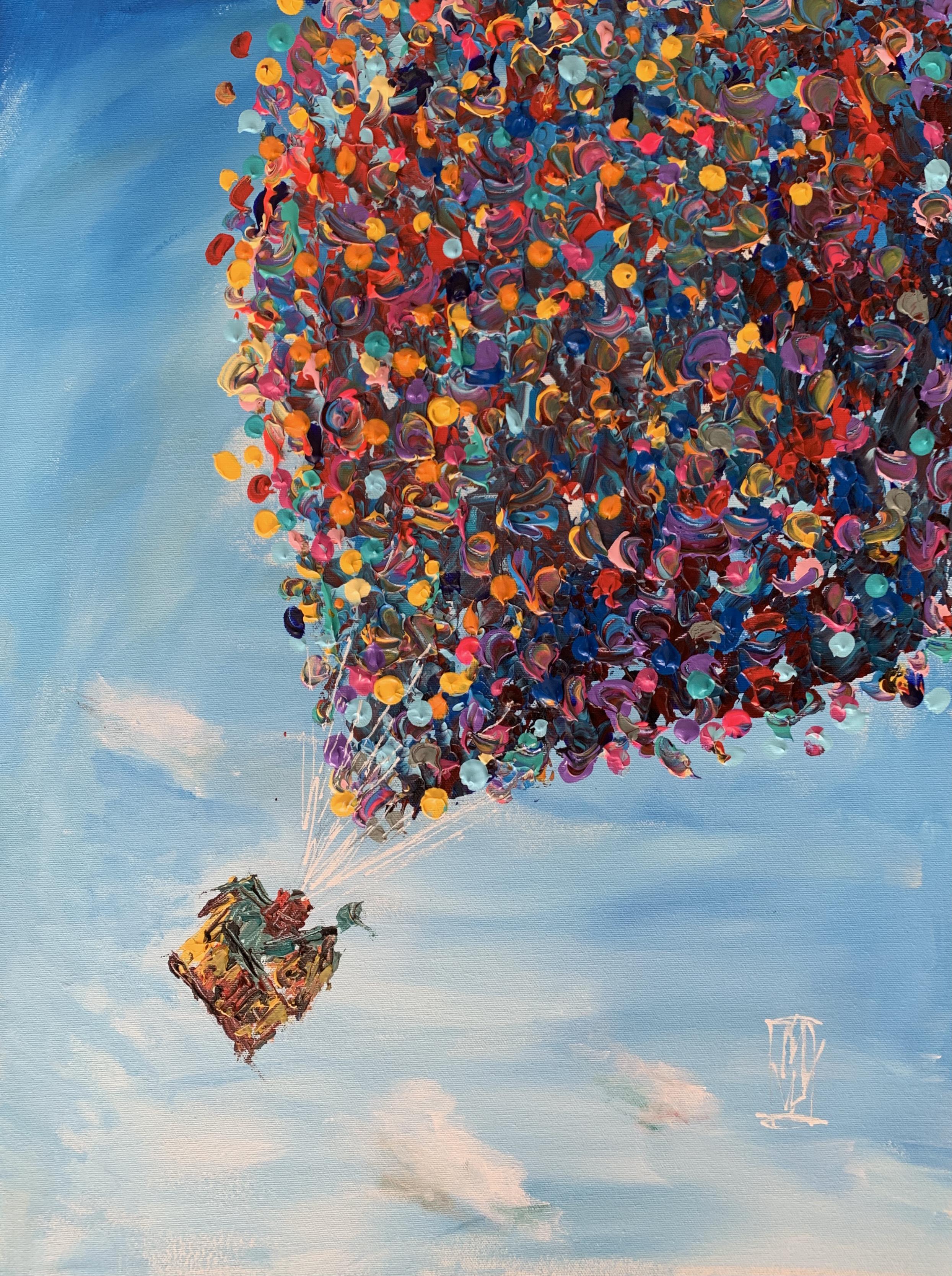 Up abstract house with balloons palette knife painting, 18x24", acrylic on canvas. Enjoy,