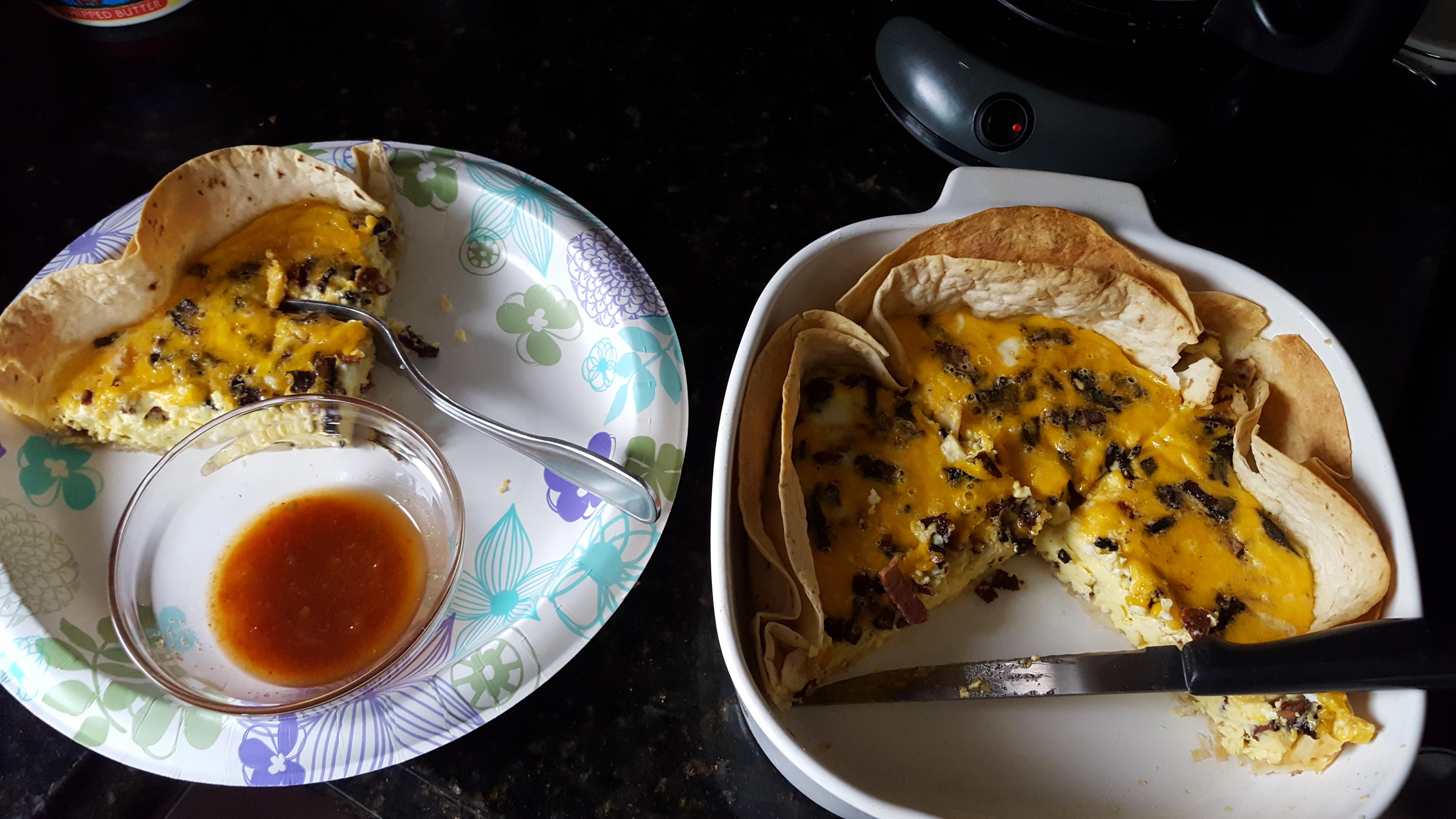 [Homemade] Tortillacrust Quiche with Cheddar Cheese and Chopped Turkey Bacon r/food