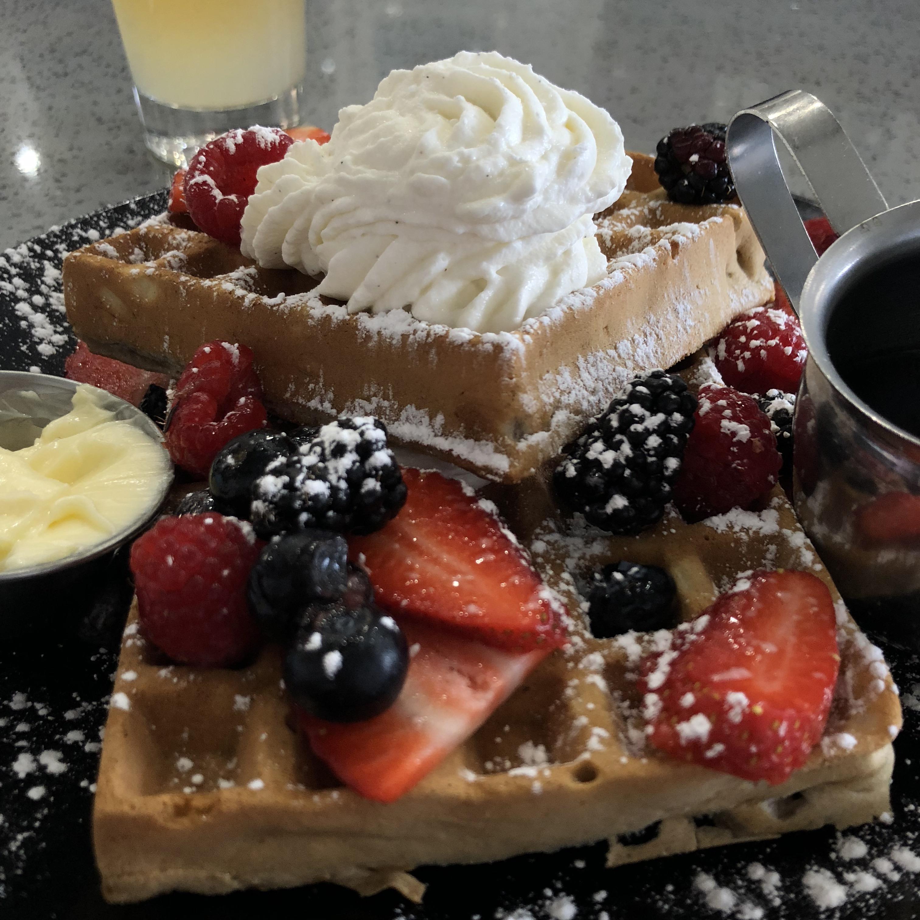 [I Ate] Belgian Waffles with Vanilla Bean Whipped Cream and Berries r