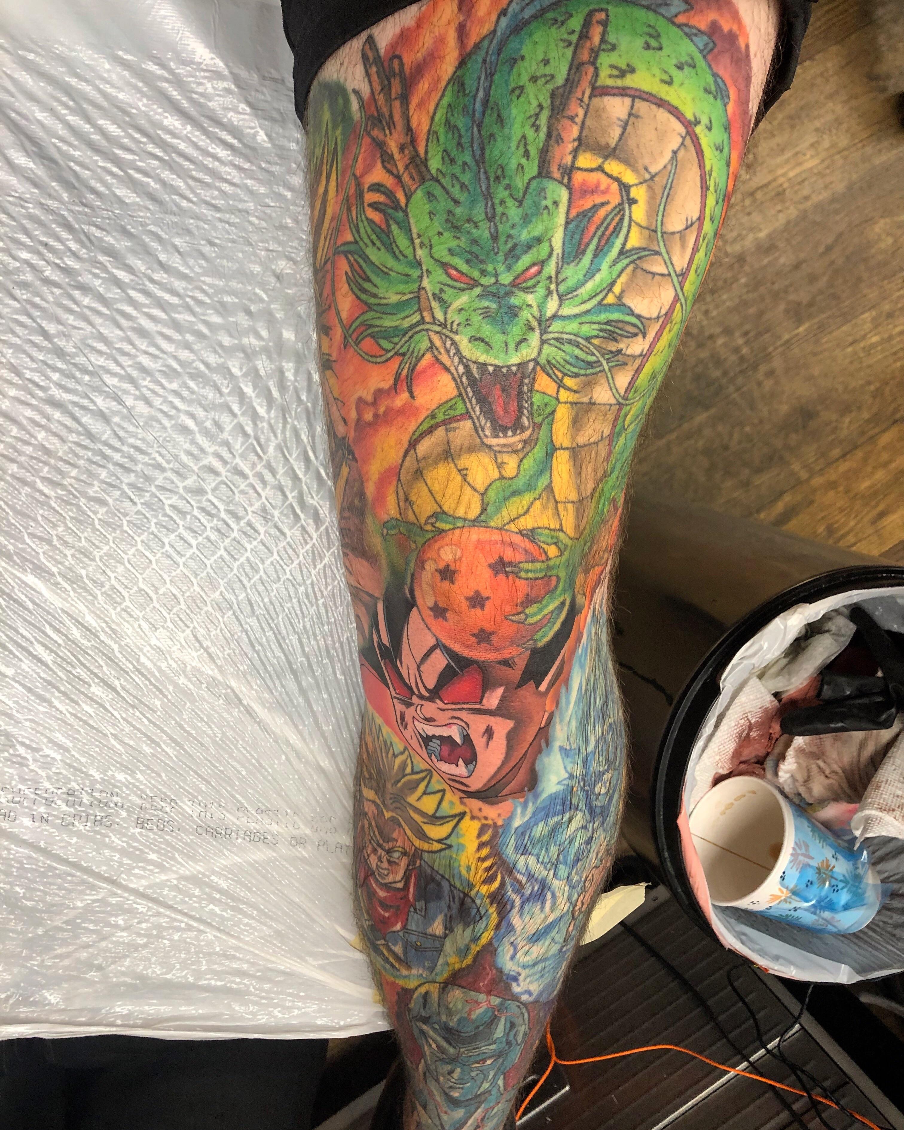 My DBZ leg sleeve. Front is 100 done. Wrapping around the upper thigh