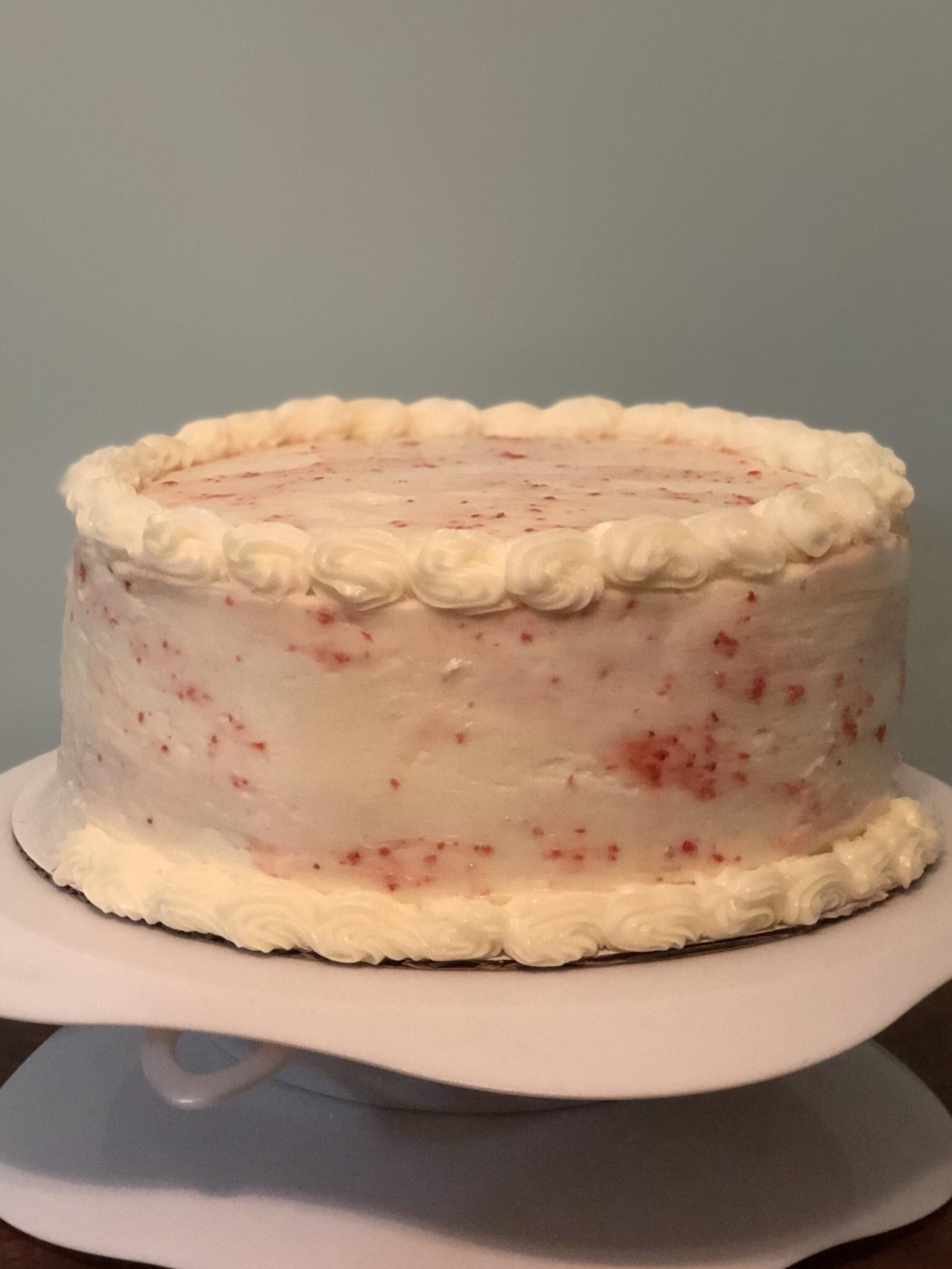 Strawberry cake with cream cheese frosting. I ran out before finishing