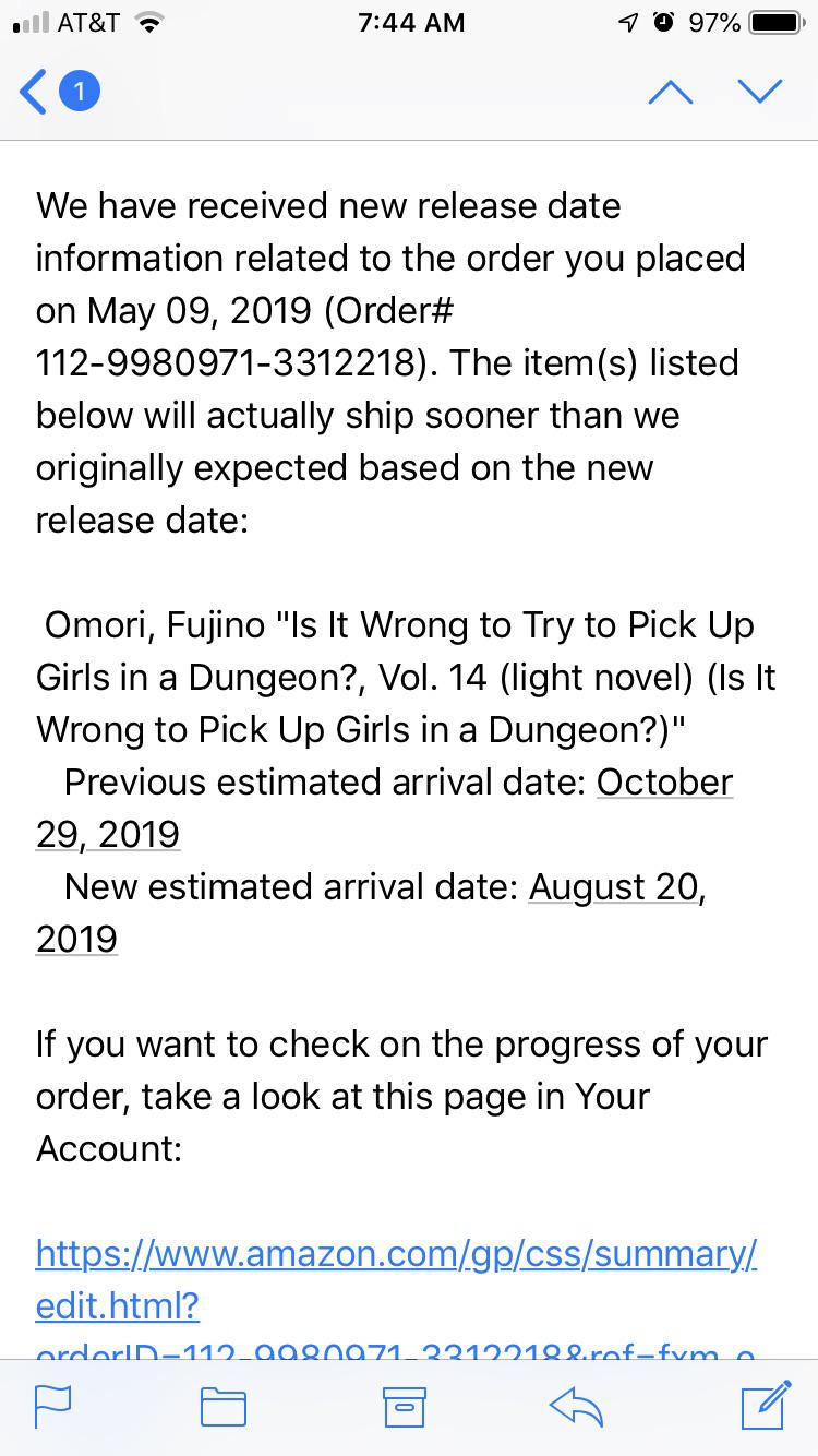 LN 14 release date has been pushed forward to August 20th, via Amazon