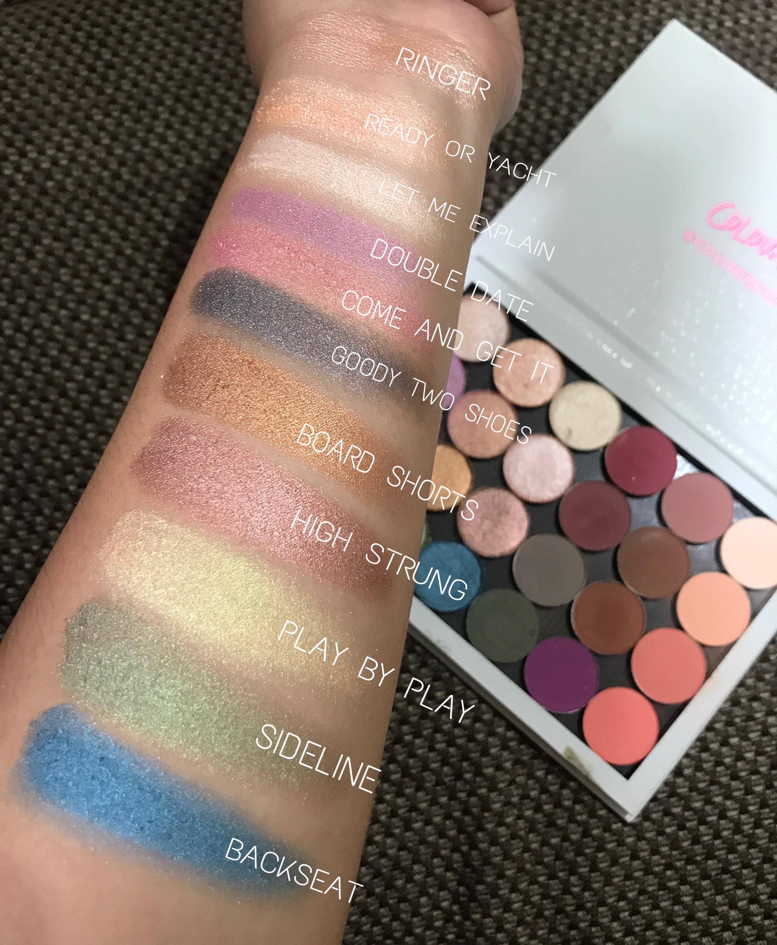 My customized palette from ColourPop. Swatched are my "glitter