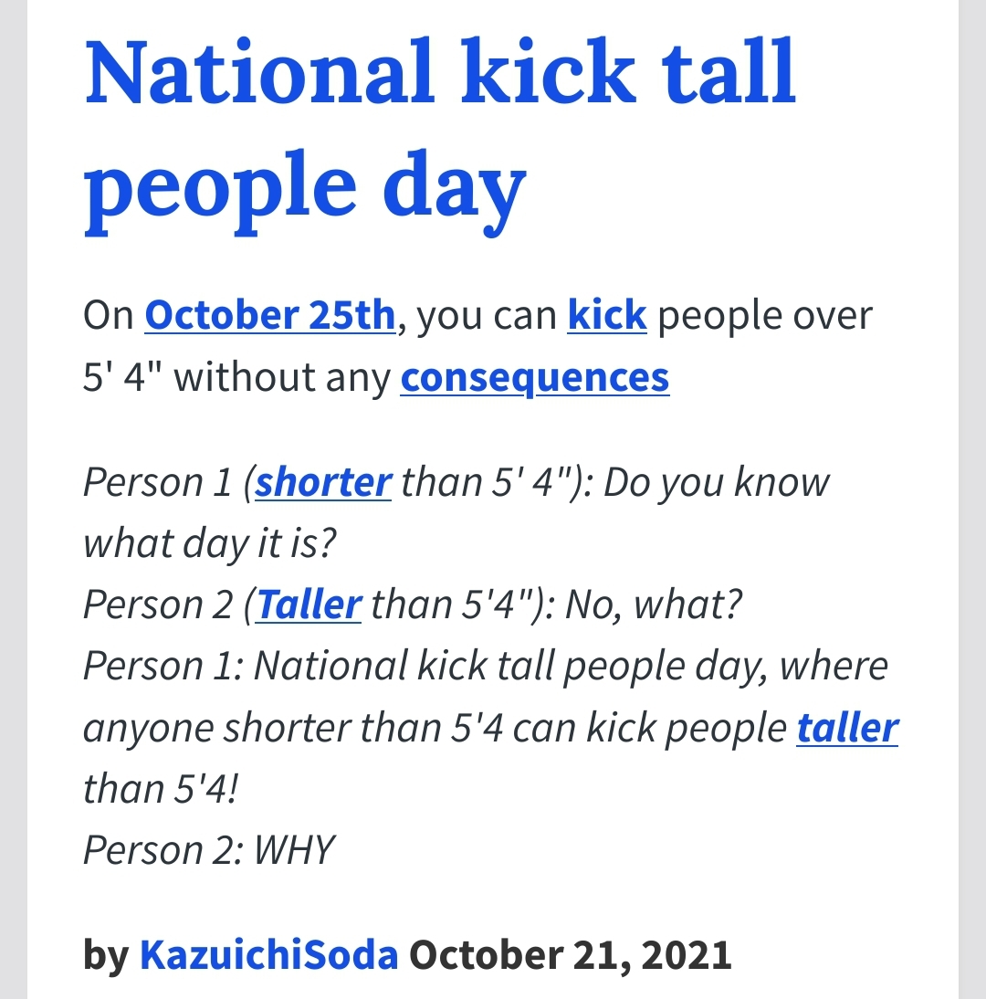 Guess what. It's national kick tall people day. r/teenagers