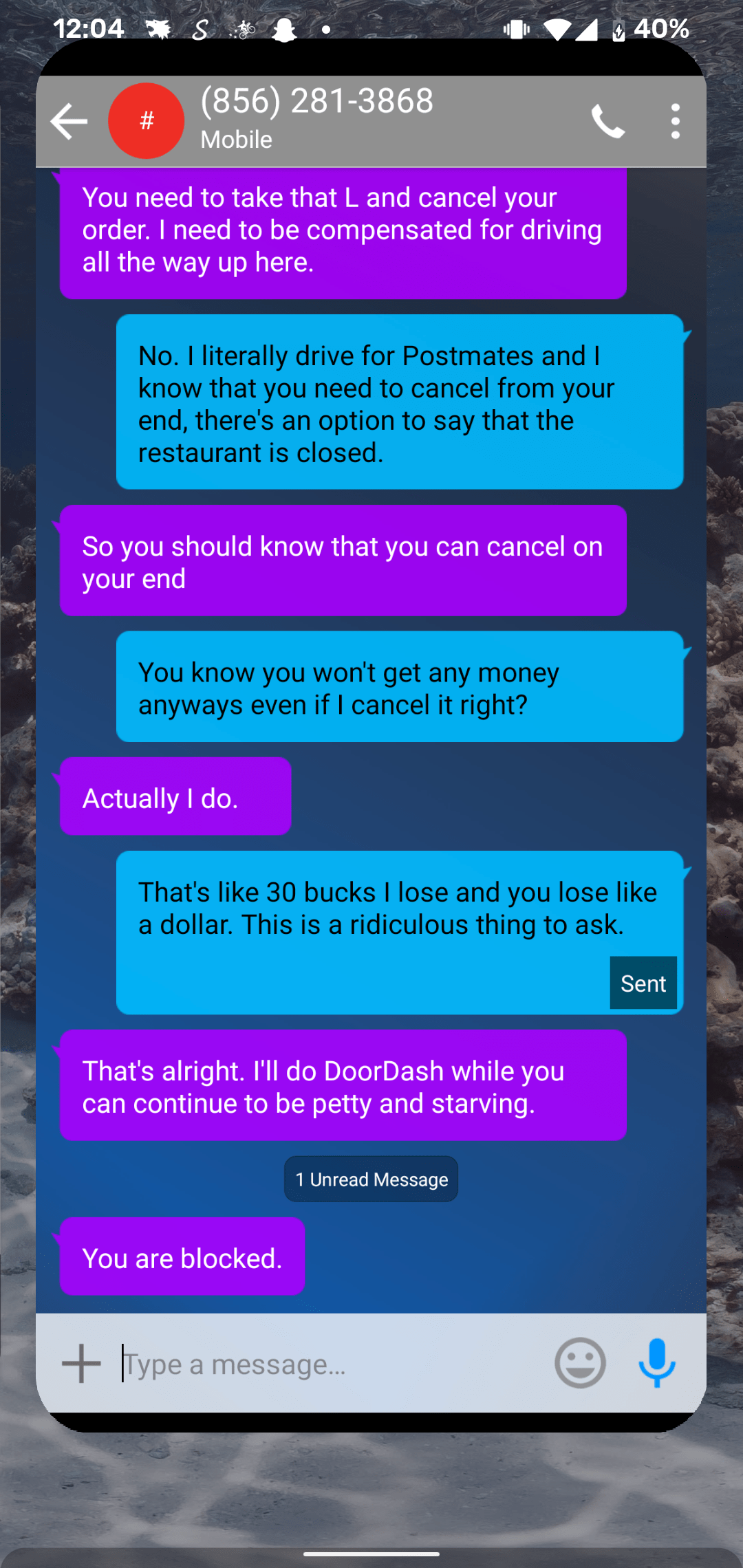 Tried to order food and got the worst driver. As a driver I'm disgusted she's trying to