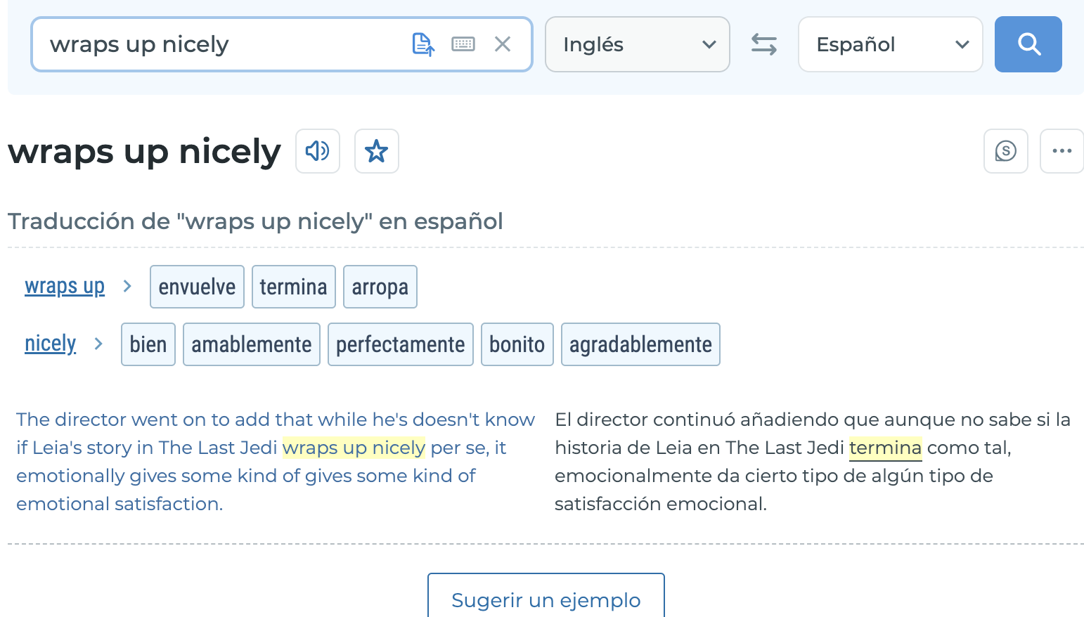 Using my goto spanish translator, my prompt gave this as the only example (reverso context) r