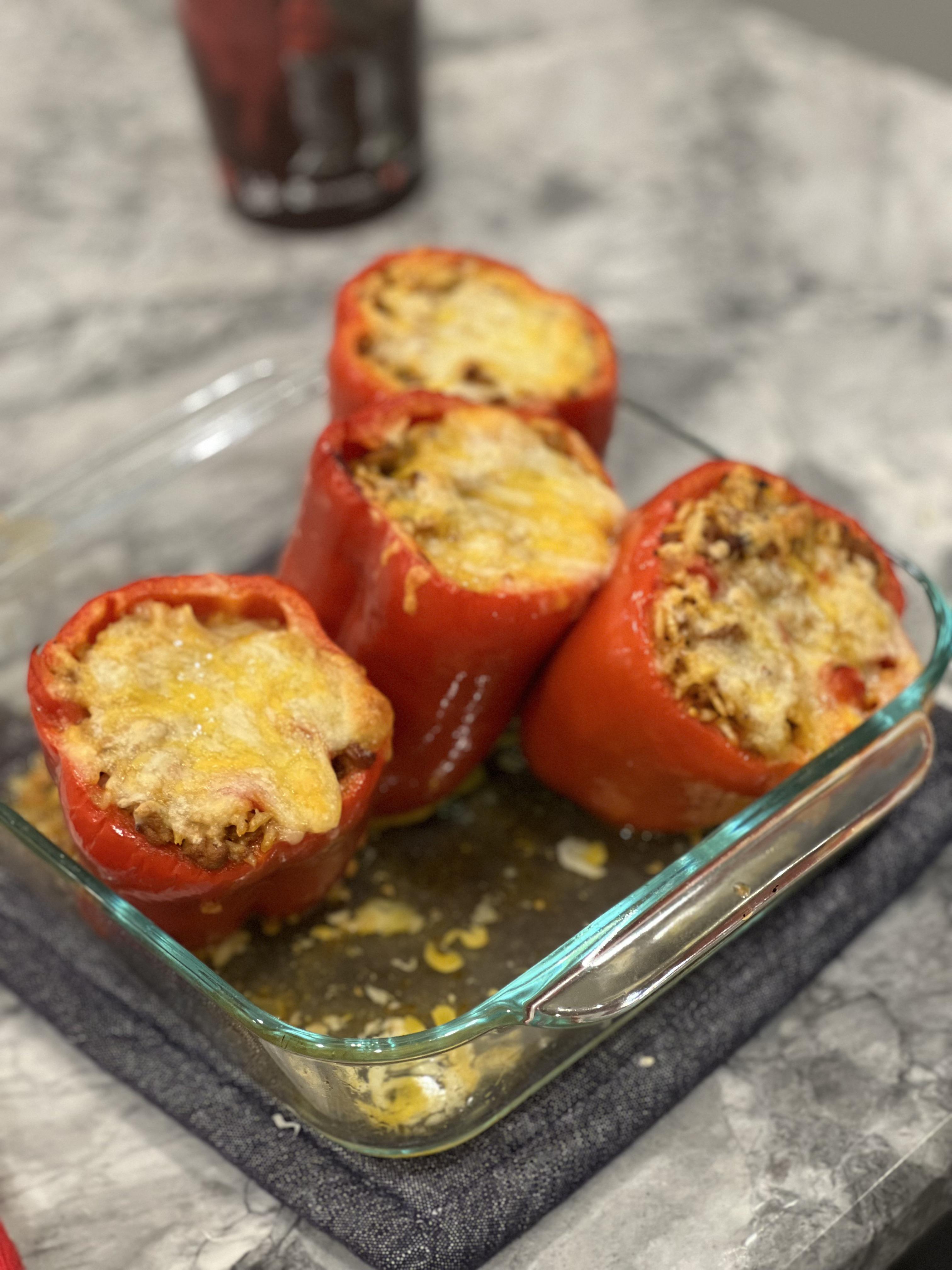 Turkey stuffed bell peppers. Noom custom recipe says 300 calories per