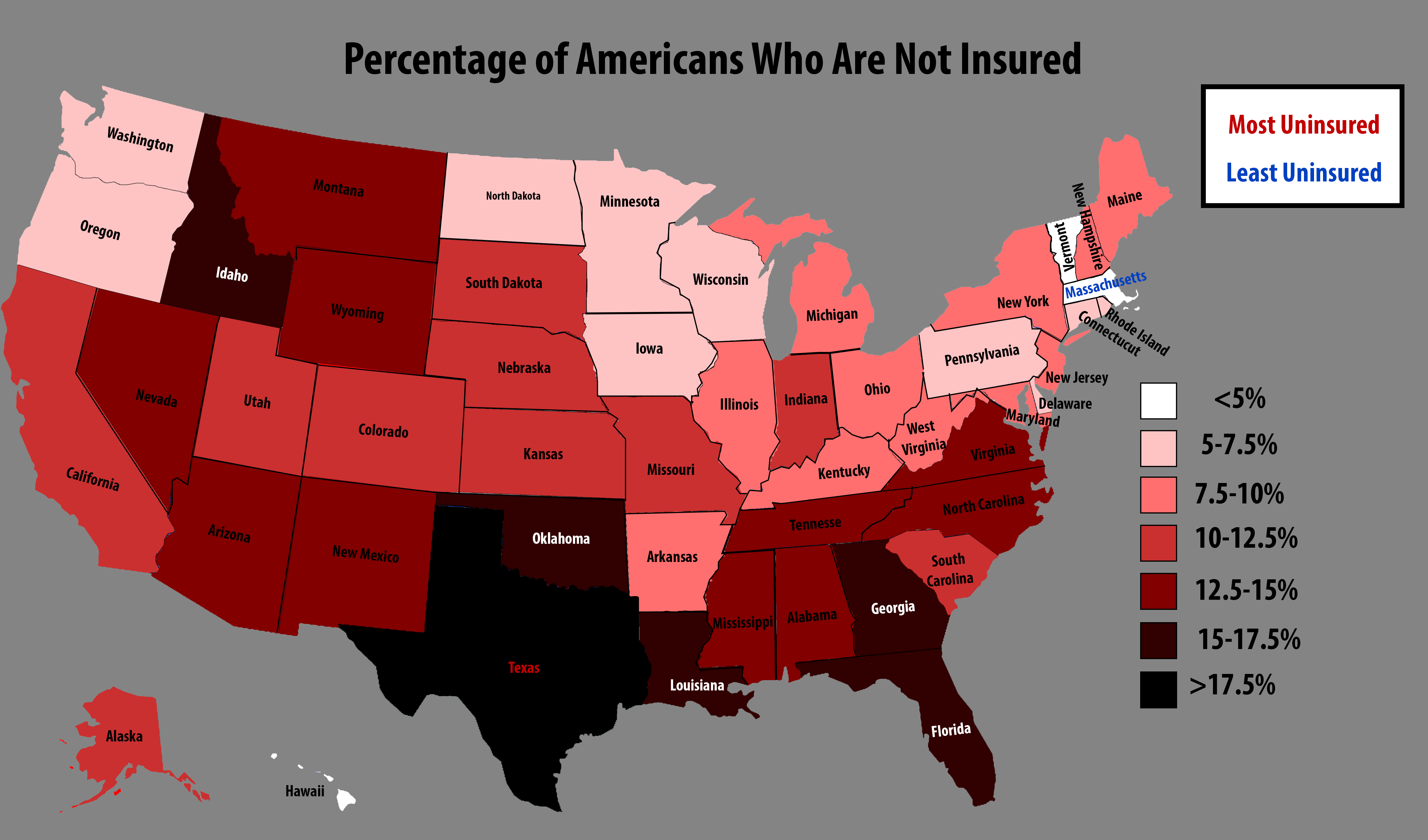 Percentage of Americans who are Uninsured by State [OC] [5100x3000] r