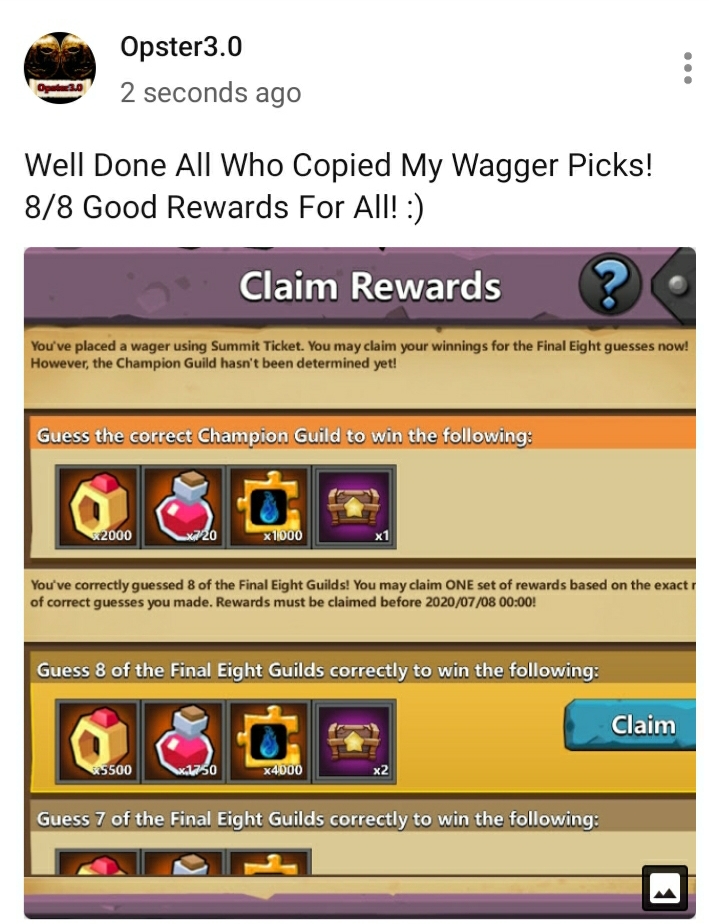 Wager Picks 8/8 r/ClashOfLords2