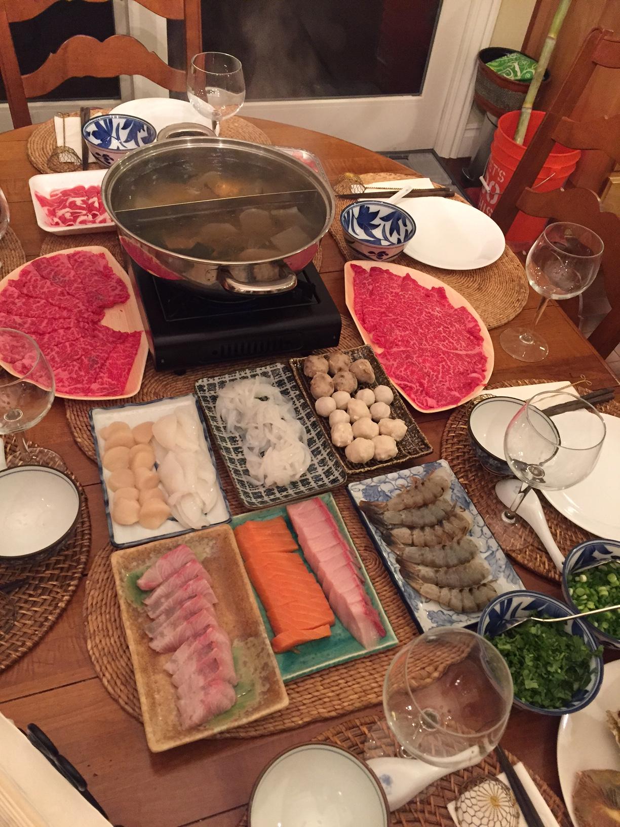 [Homemade] Hotpot with beef, Sashimi tuna/salmon/scallop, fish balls, shrimp r/food