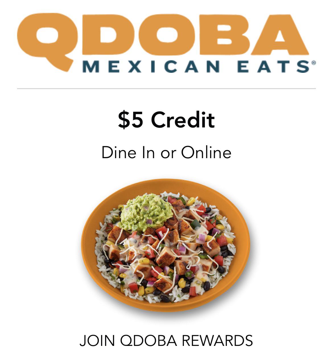 5 Qdoba Credit! In Restaurant Or Online. Single Use Code. r/Freefood