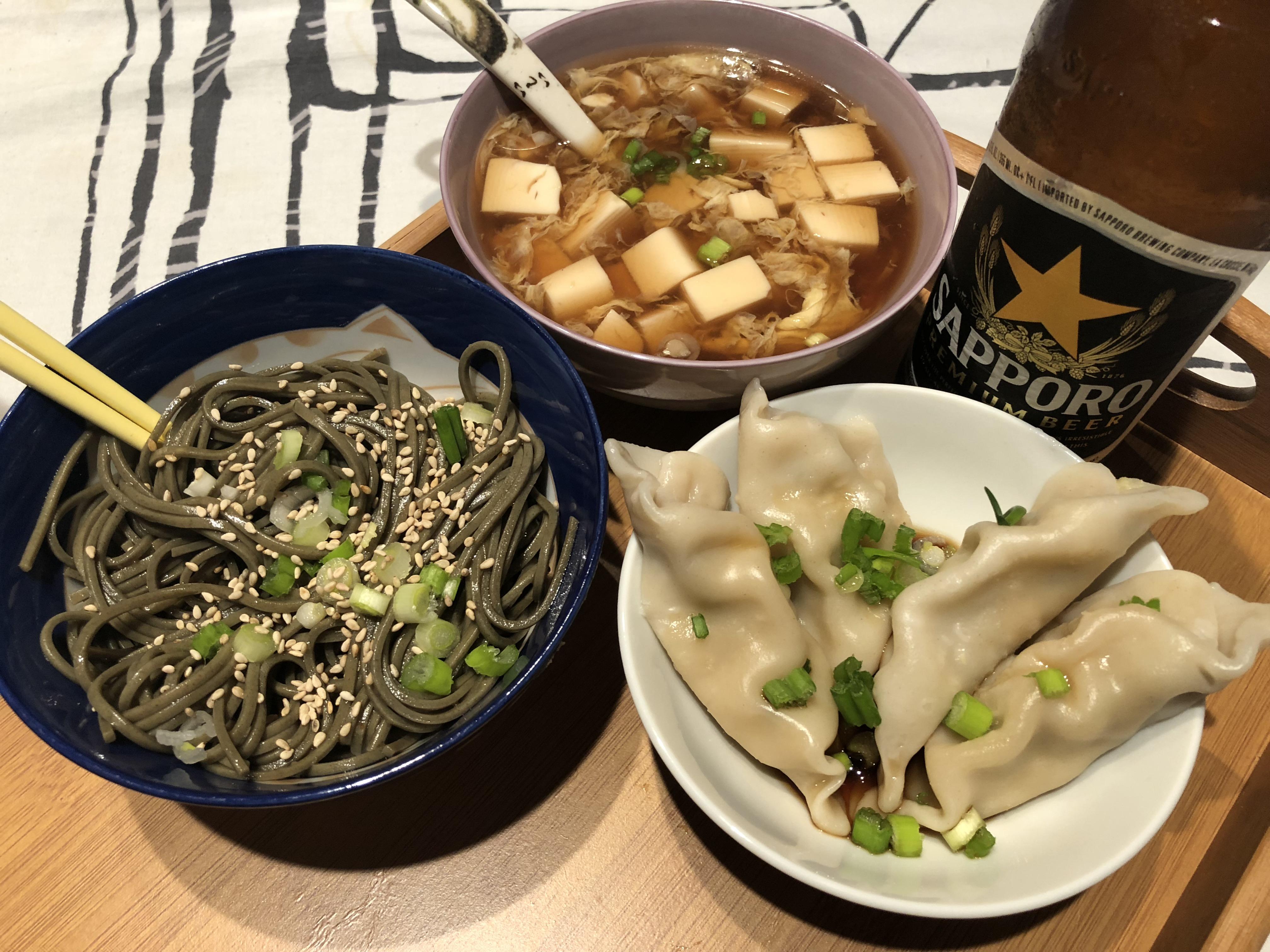 Gyoza, ginger soy soba, egg tofu soup, and an icy Sapporo! Recipes in