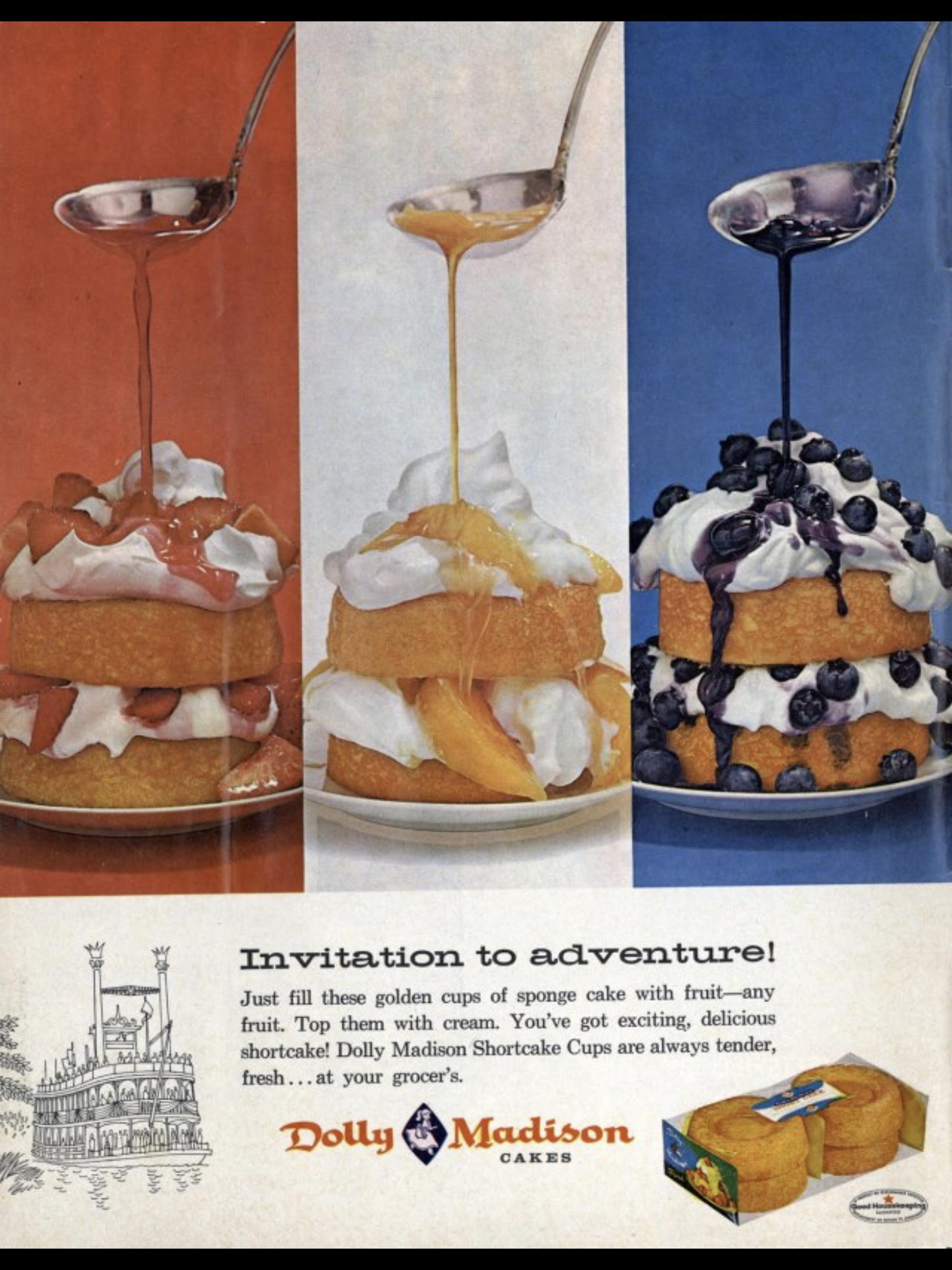 1963 Dolly Madison cakes ad with the Mark Twain Riverboat. r/vintageads