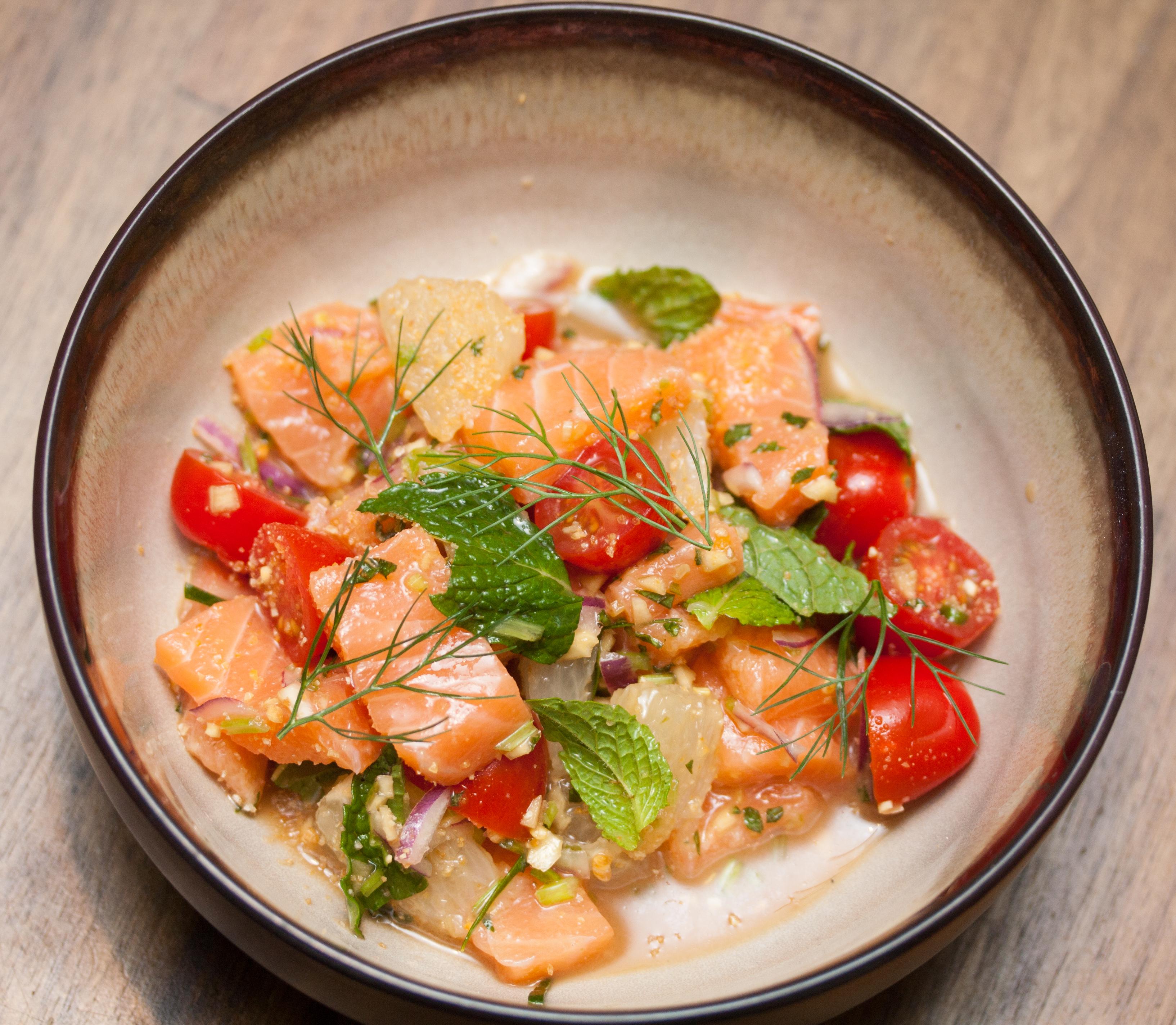 [I made] Salmon Crudo with Lemongrass Nam Chim, Pomelo, Tomato, Onion