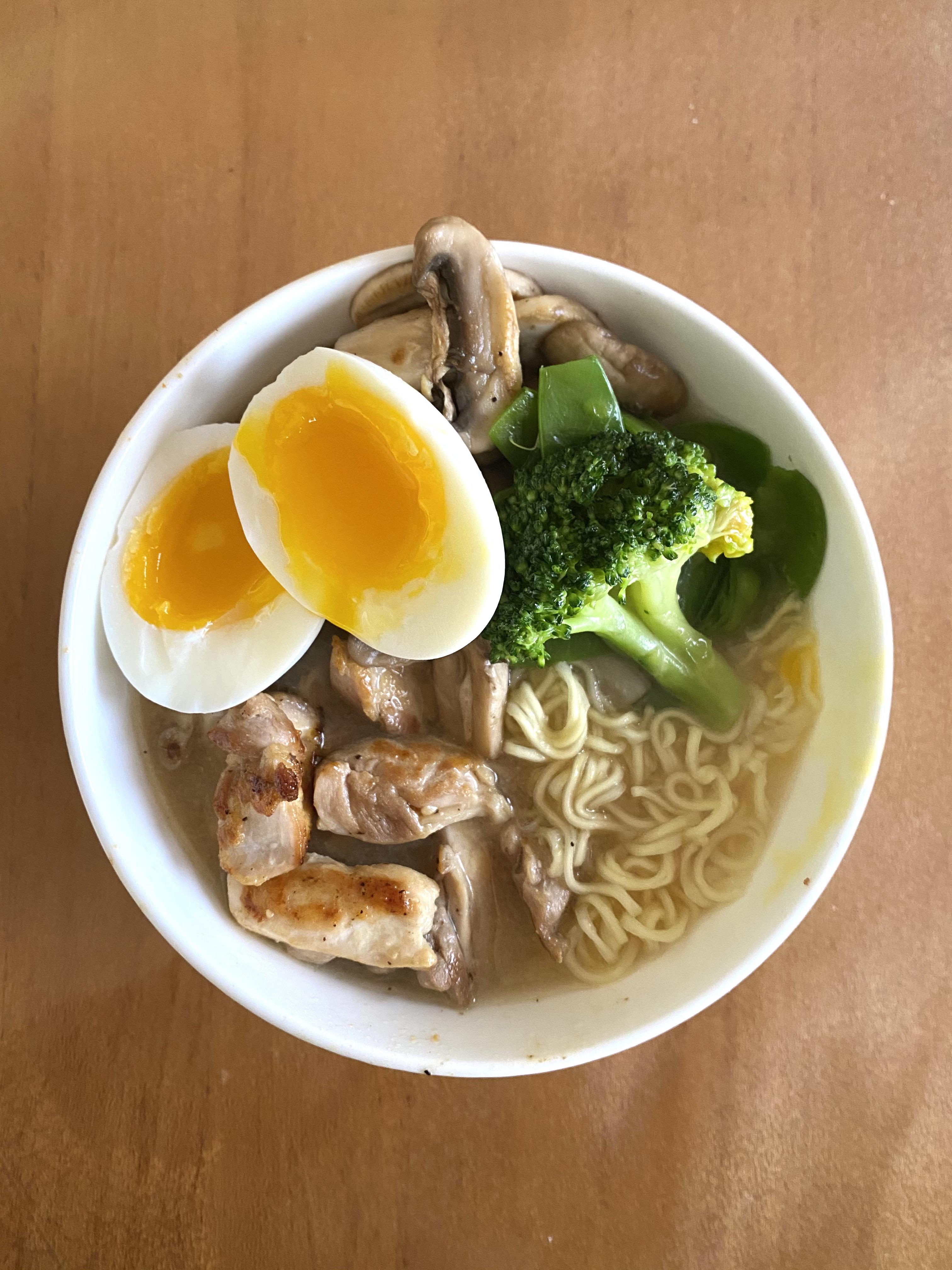 Oat flour noodles, leftover veggies, chicken thigh, and soft boiled egg