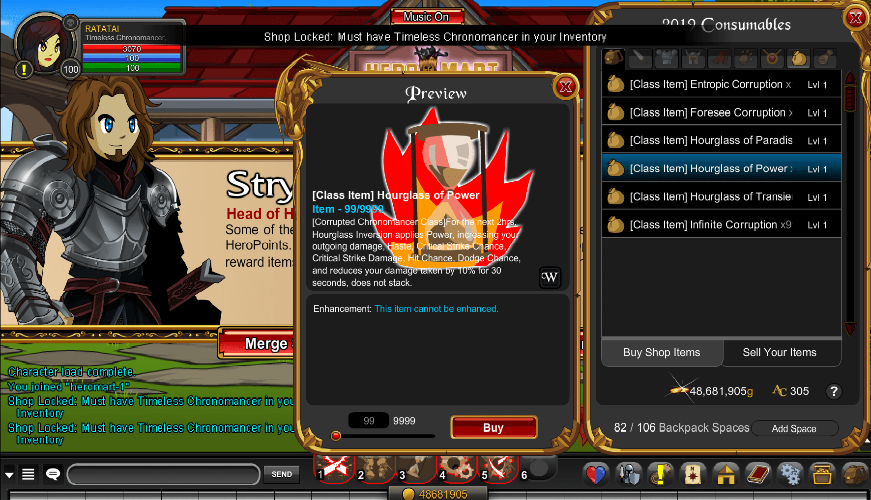 Cannot buy the Timeless Chrono potions. Note that the class are already equipped and on