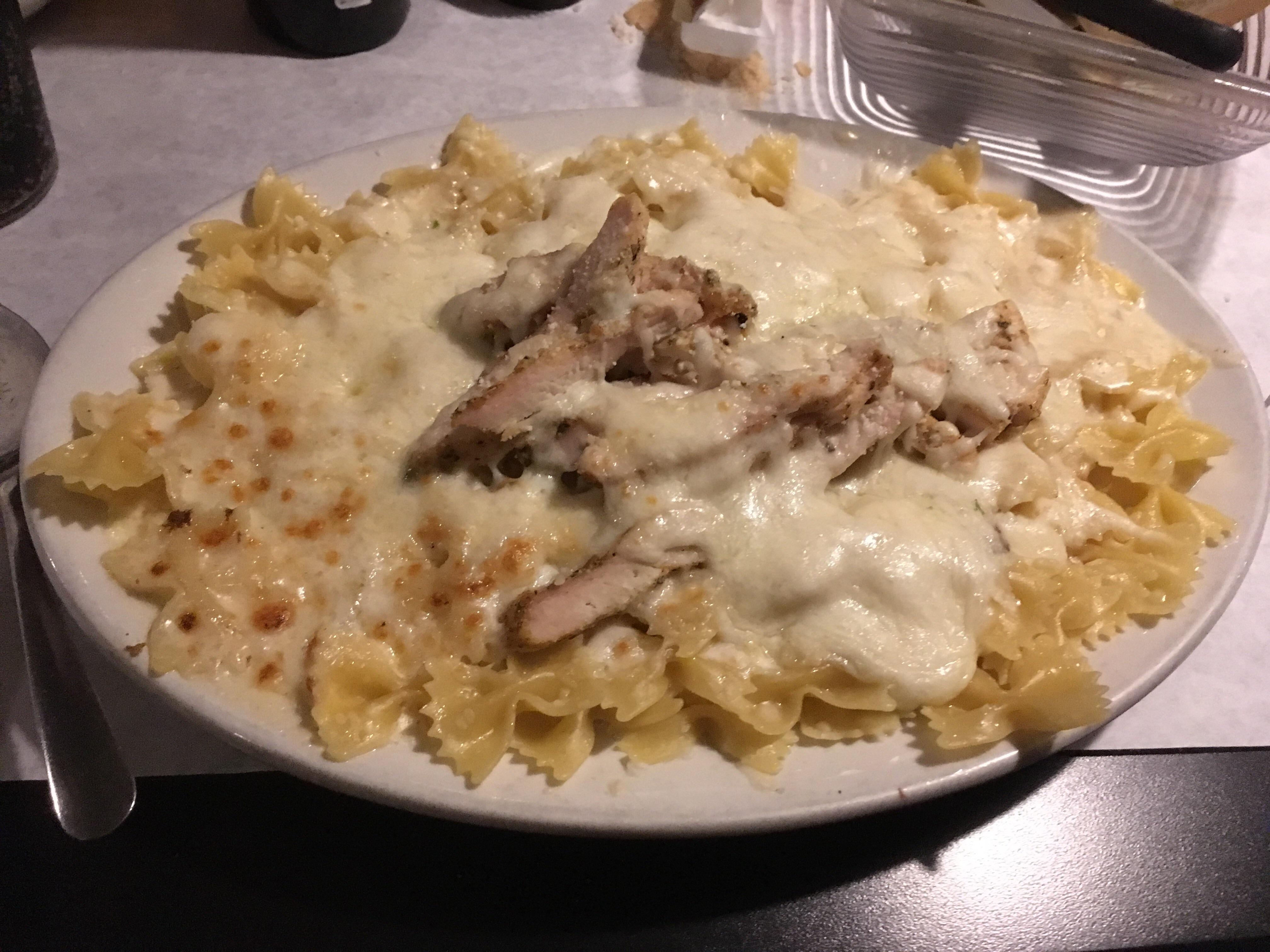 [Restaurant; Combine Brothers, Hermitage, PA] Chicken Alfredo with bow tie pasta, and a 3 cheese