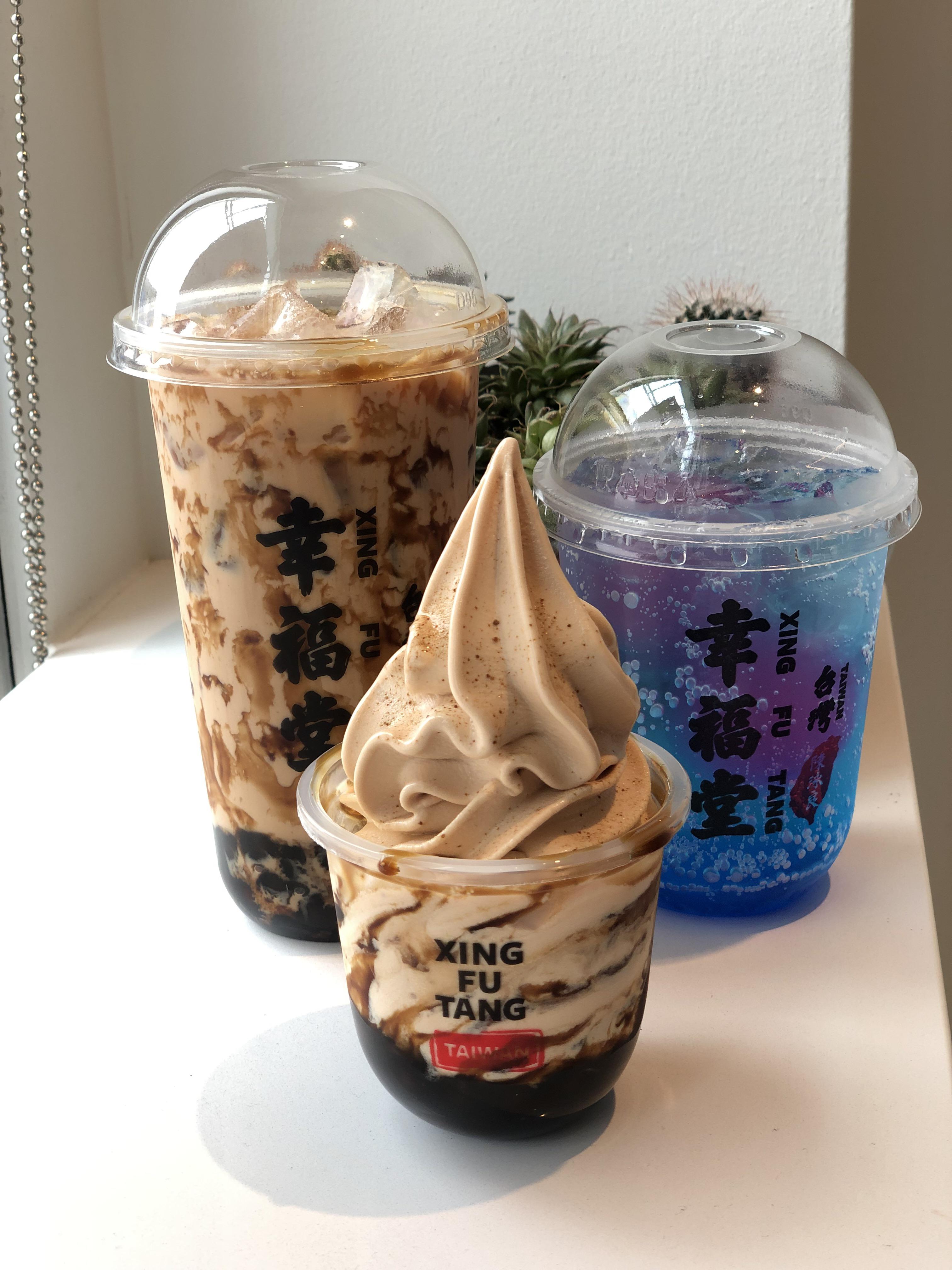 Brown sugar milk tea, milk tea ice cream with boba, blue soda with