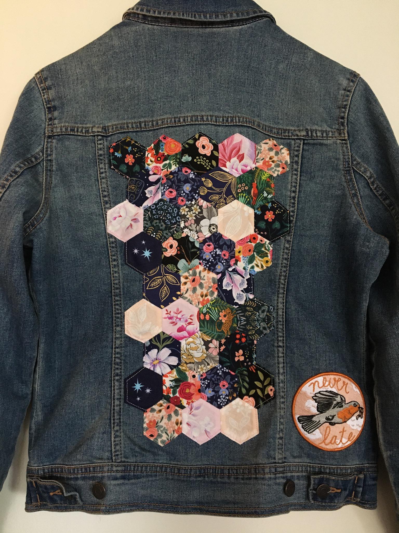 Finally used my hand sewn hexies! Appliquéd onto a jean jacket