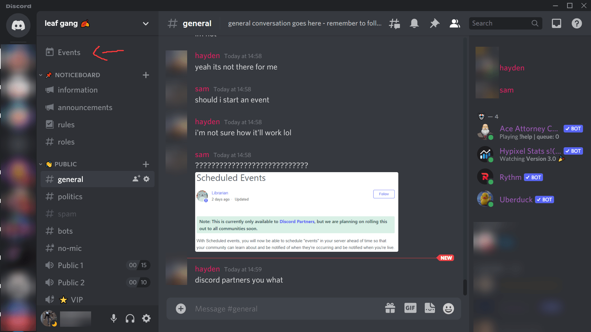 I have read about the "Events" tab on discord servers but everyone is