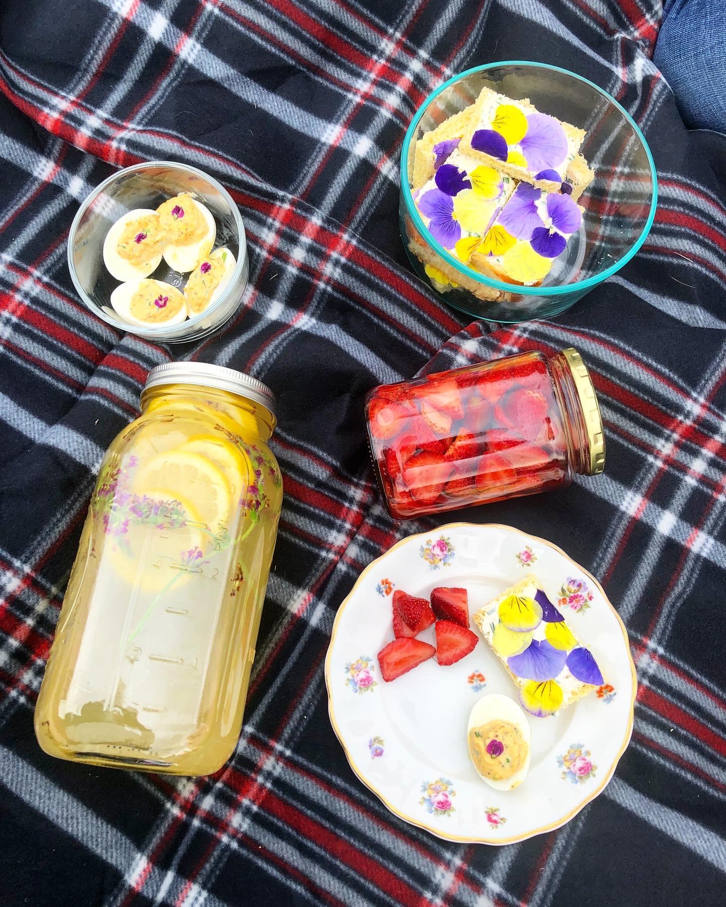 Cottagecore picnic with home grown goodies and some foraged goodies