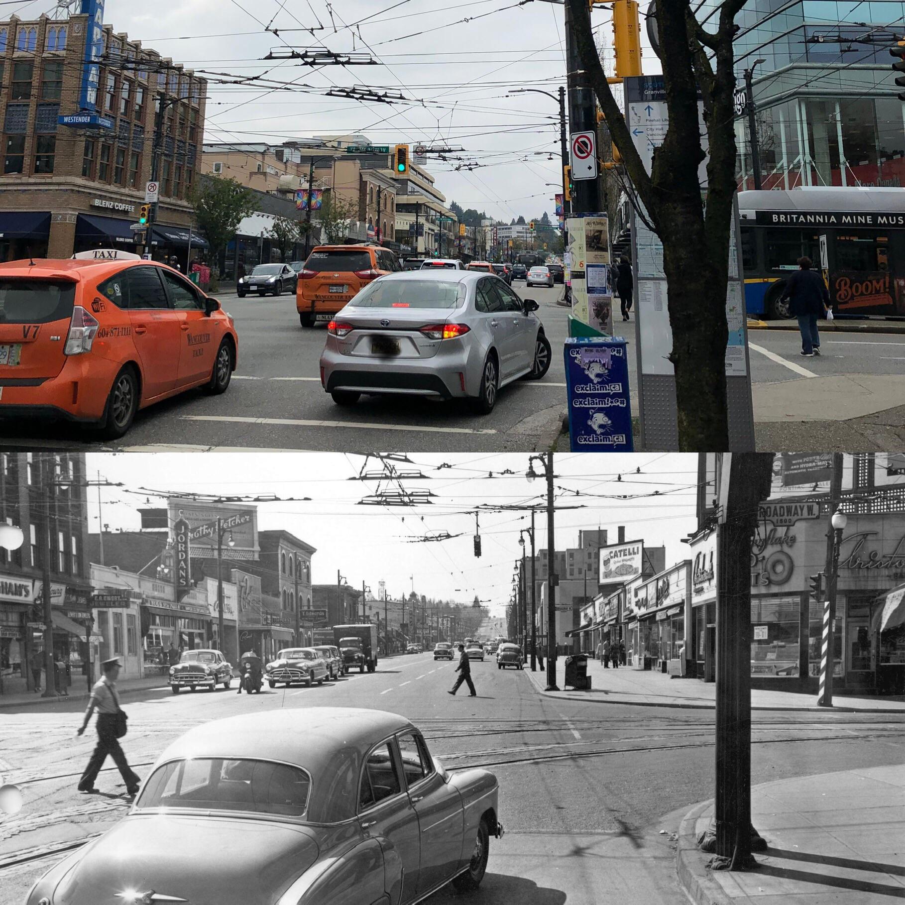 West Broadway and Granville 1951 and 2019 r/vancouver
