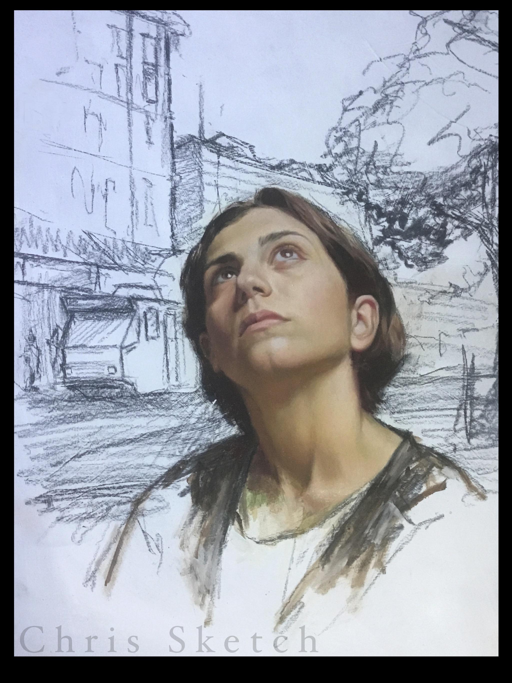 A portrait in oil painted over a charcoal sketch on gesso’d paper