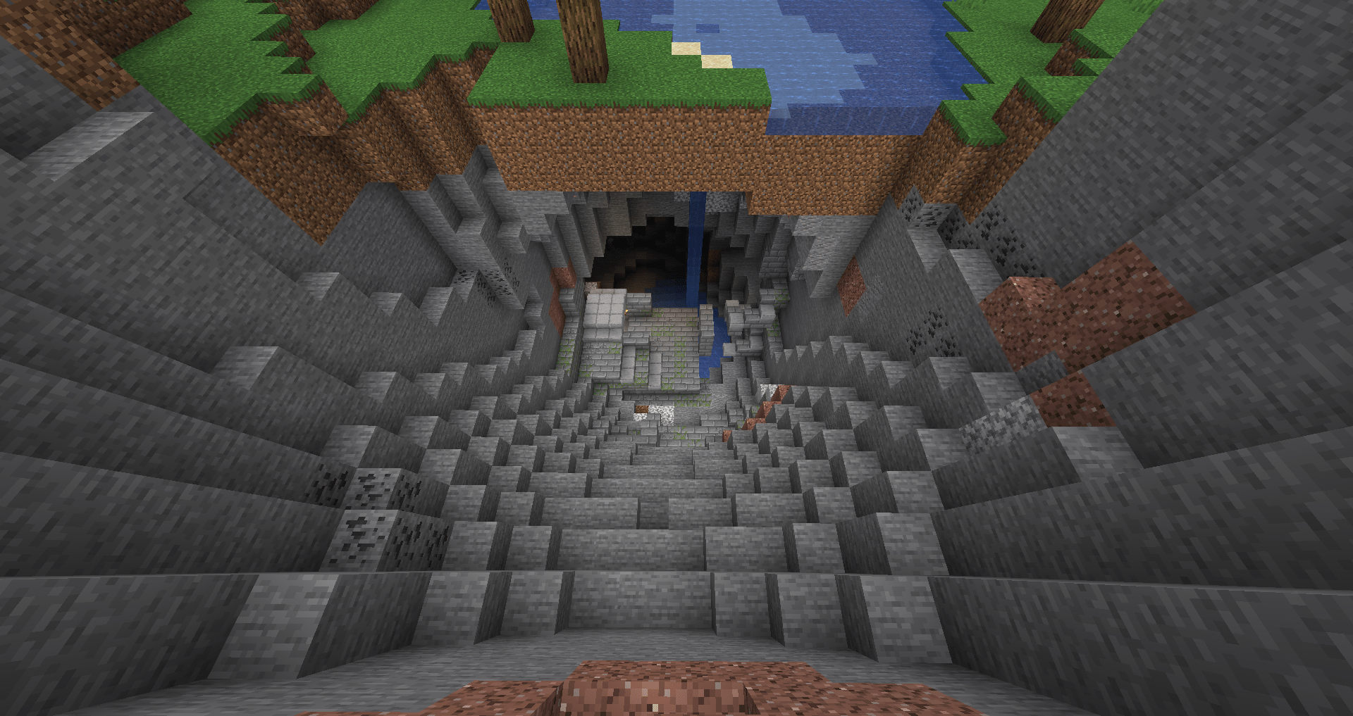 Huge cavern next to a lake with an exposed Stronghold close to the