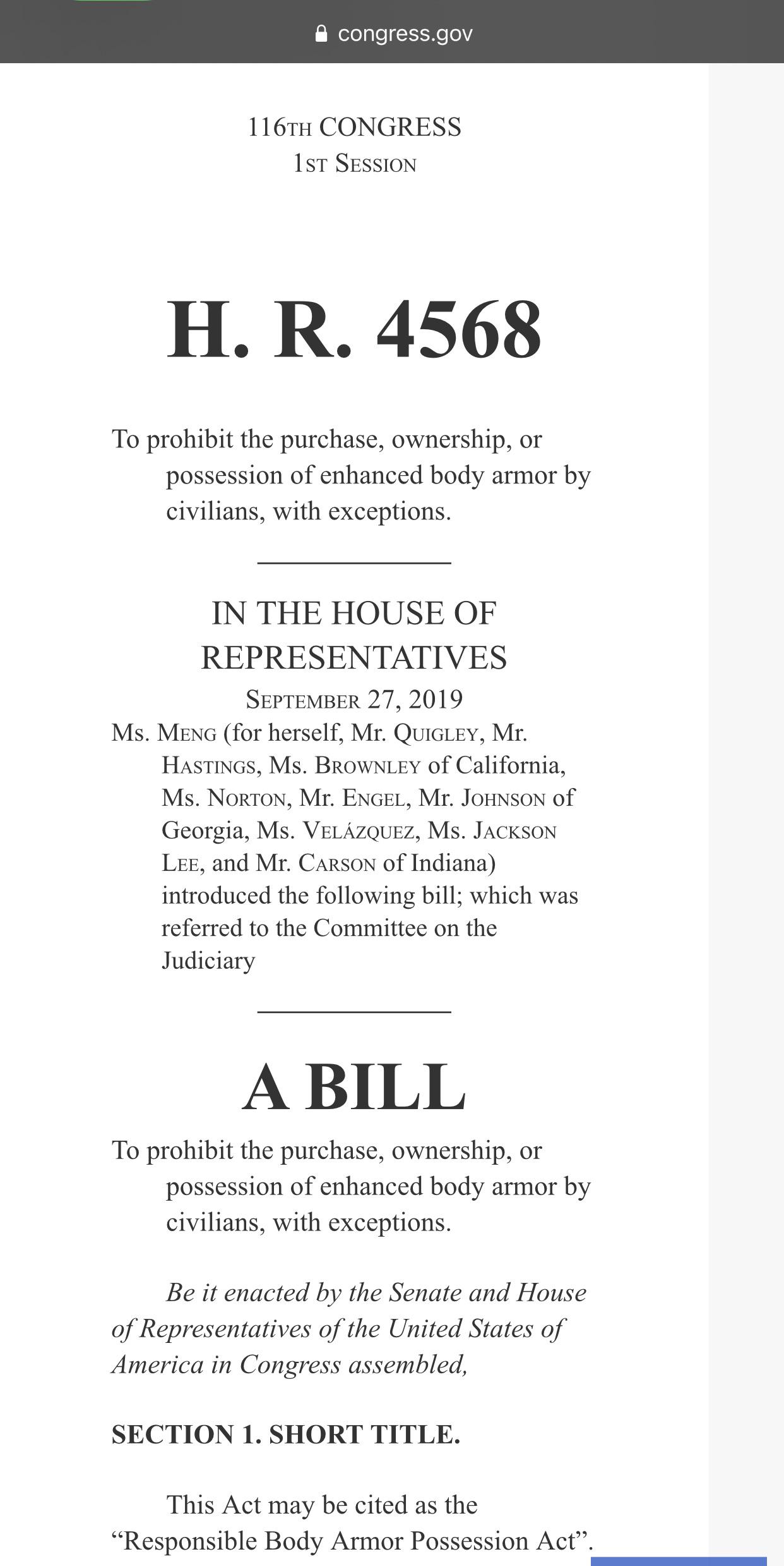 Congress to Ban Body Armor HR4568 r/gunpolitics