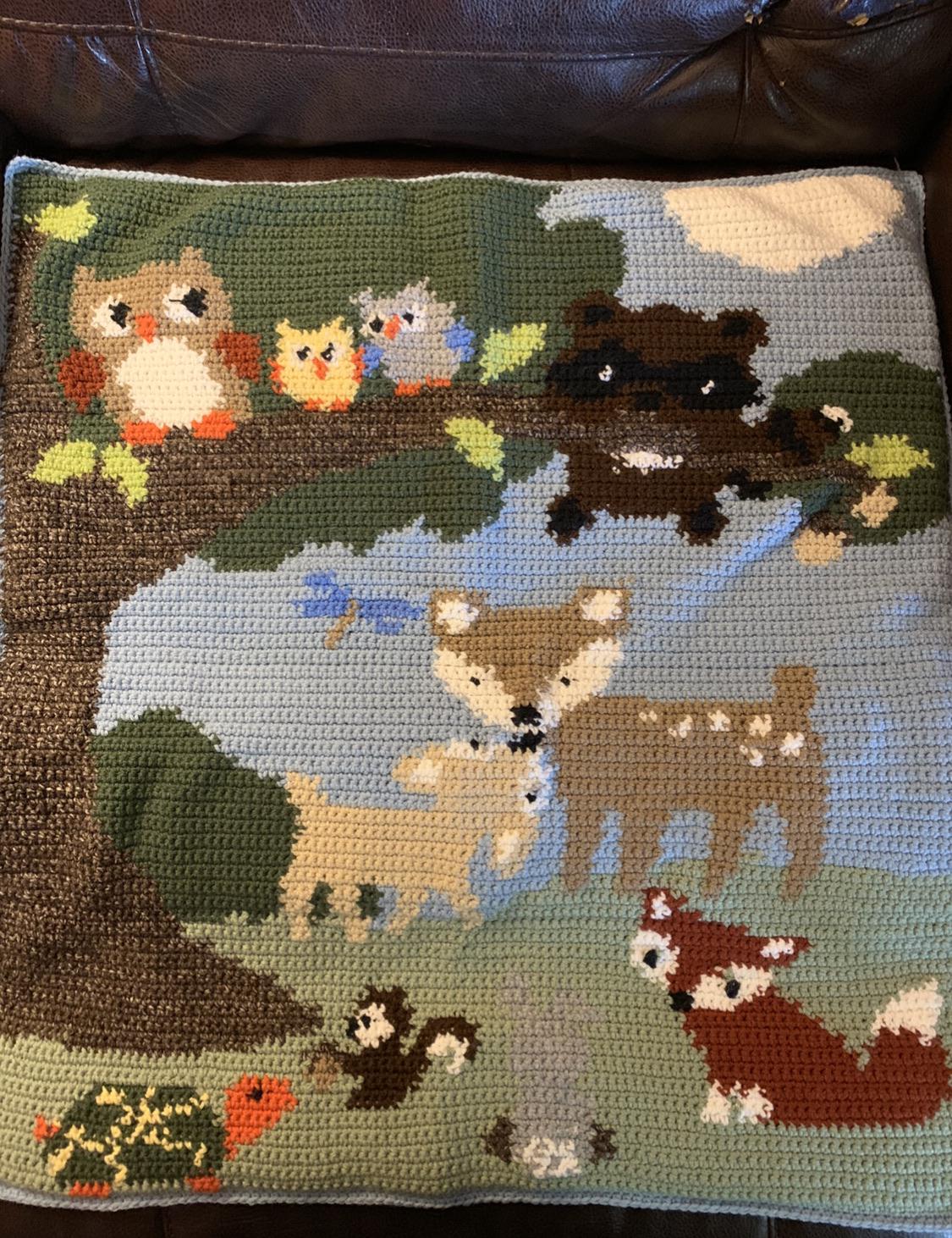 “Woodland Friends” (Mary Maxim pattern) baby blanket that I made for