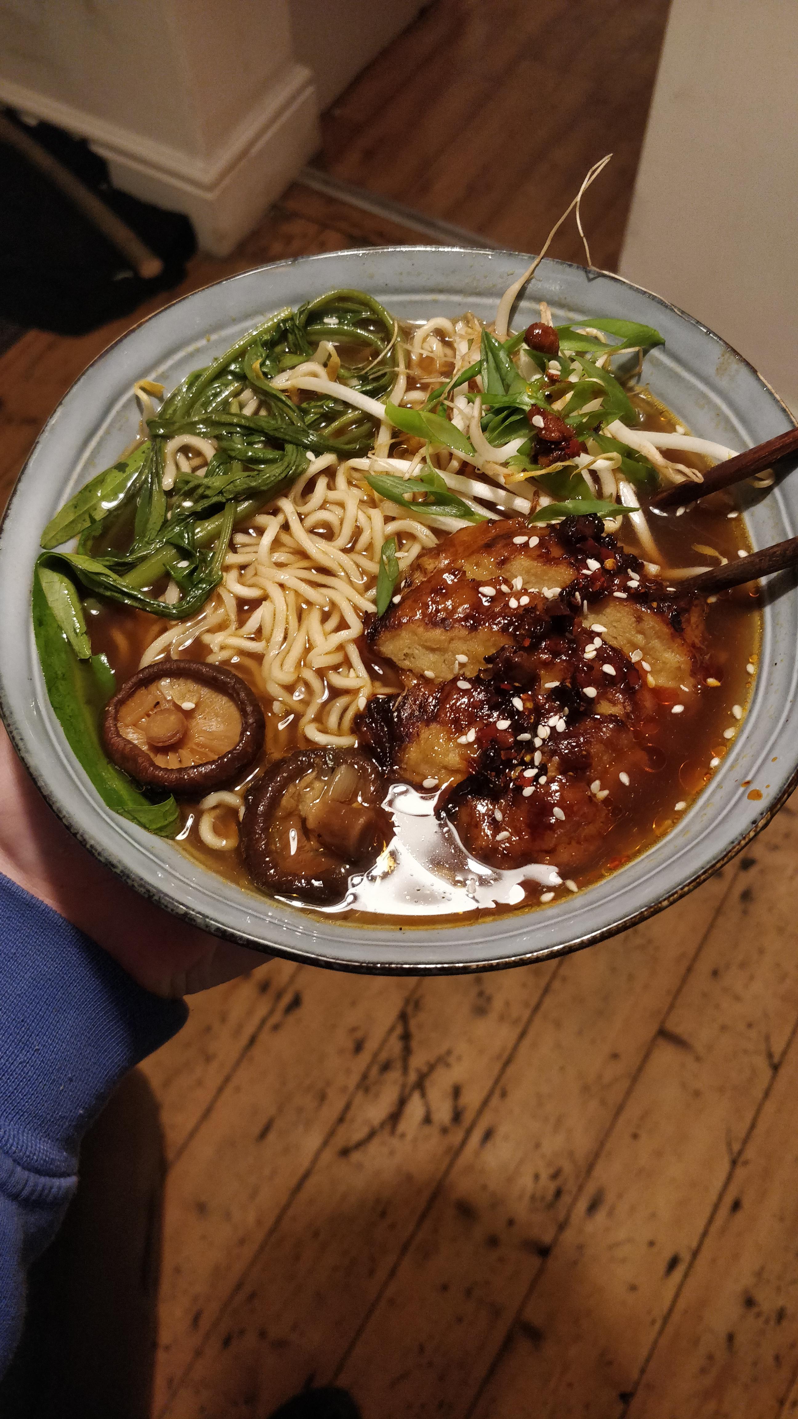 Homemade ramen with seitan made from washing flour VeganFoodPorn