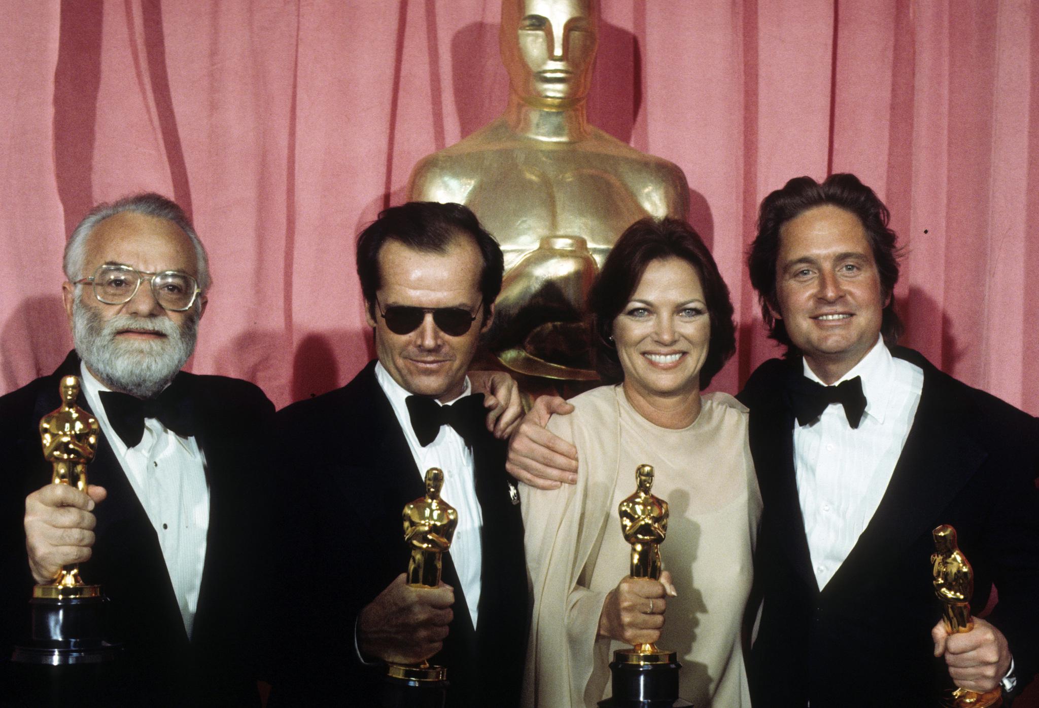 Saul Zaentz, Jack Nicholson, Louise Fletcher, and Michael Douglas at