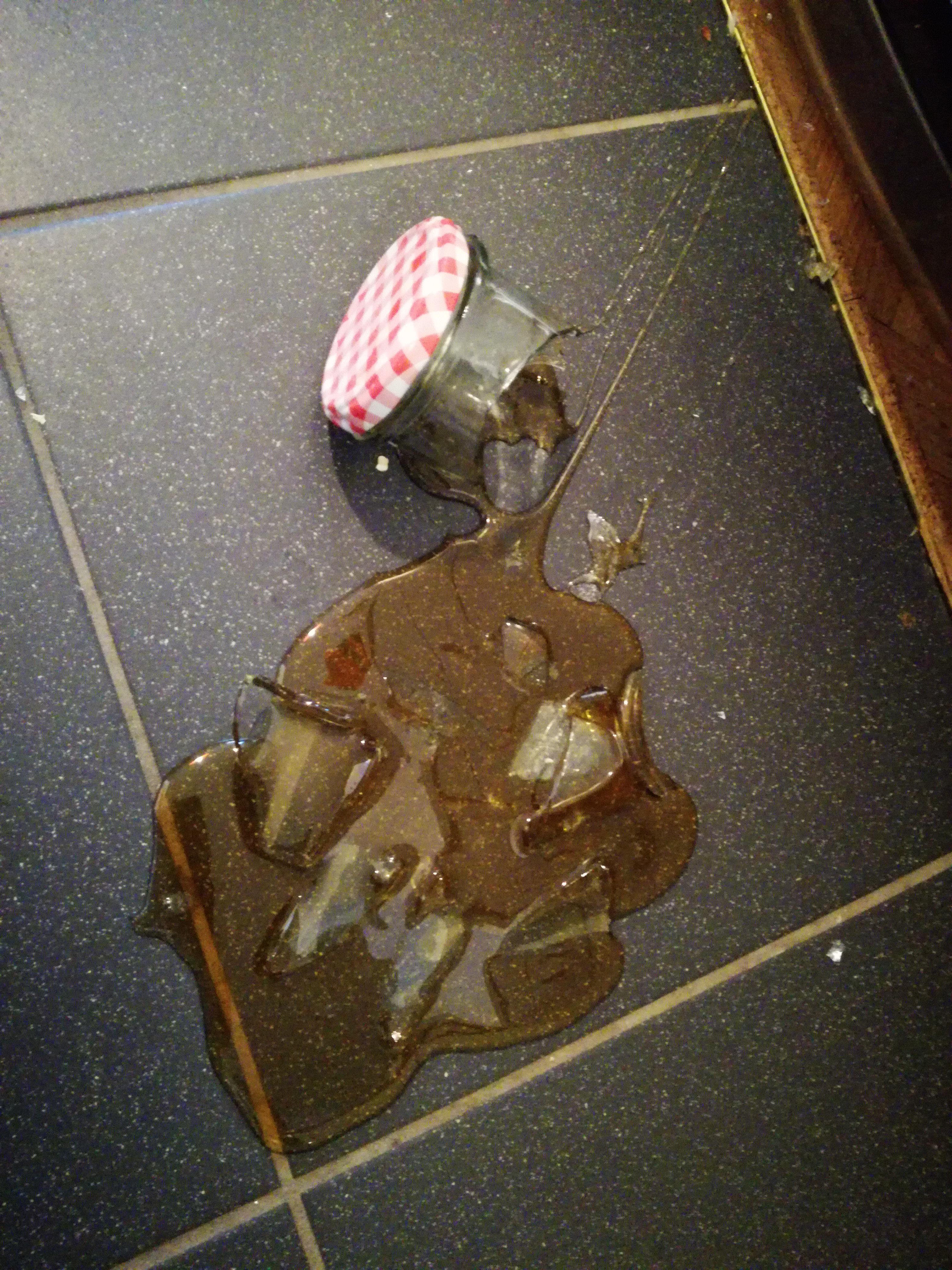 Dropped a jar of honey. Now I can clean up a sticky mess full of sharp glass shards... r