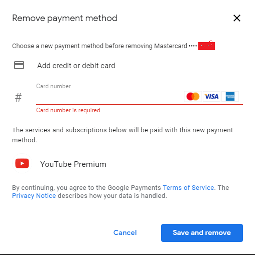 Google wont let me remove my card without putting another one first
