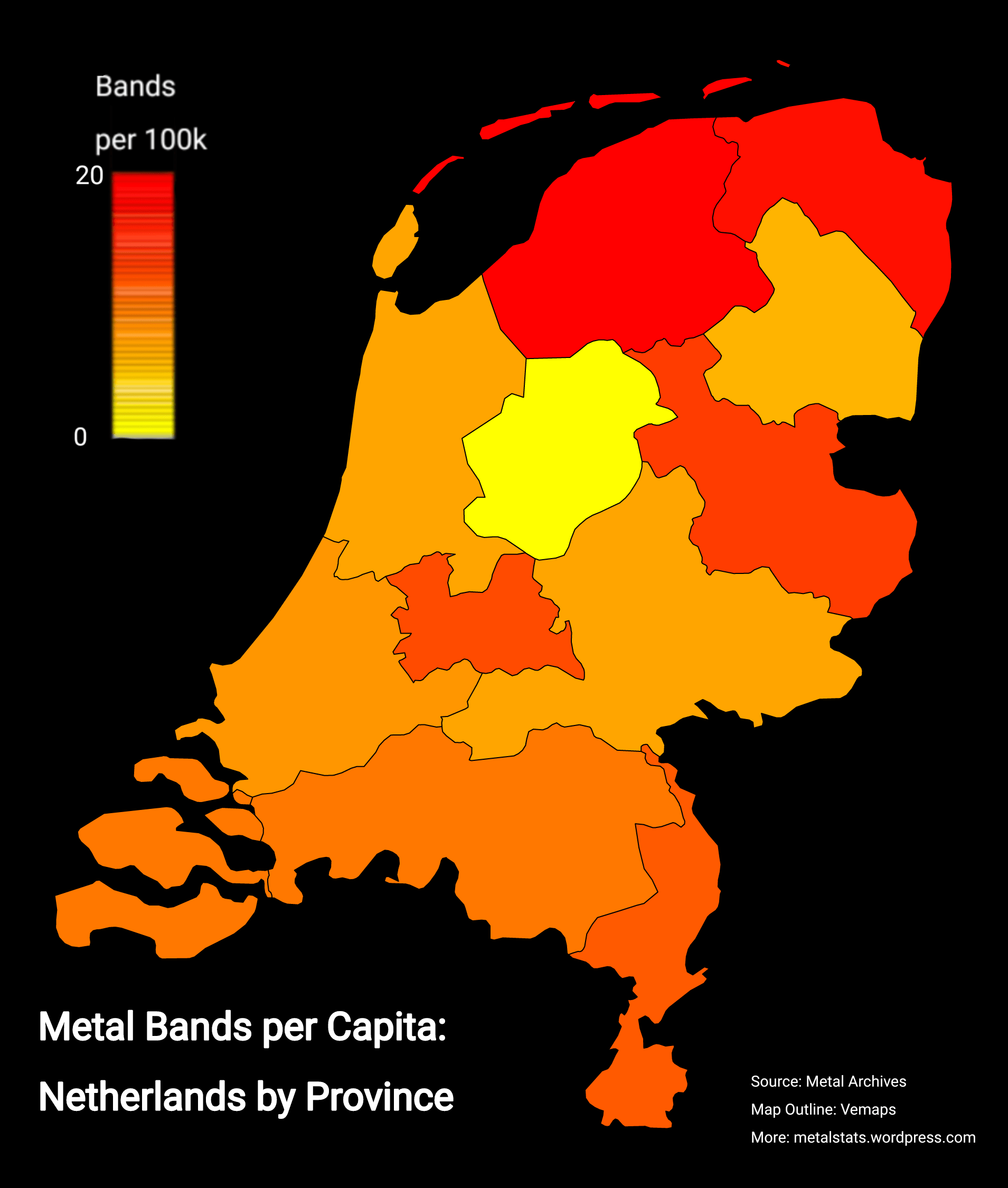 Metal Bands per Capita in The Netherlands by Province