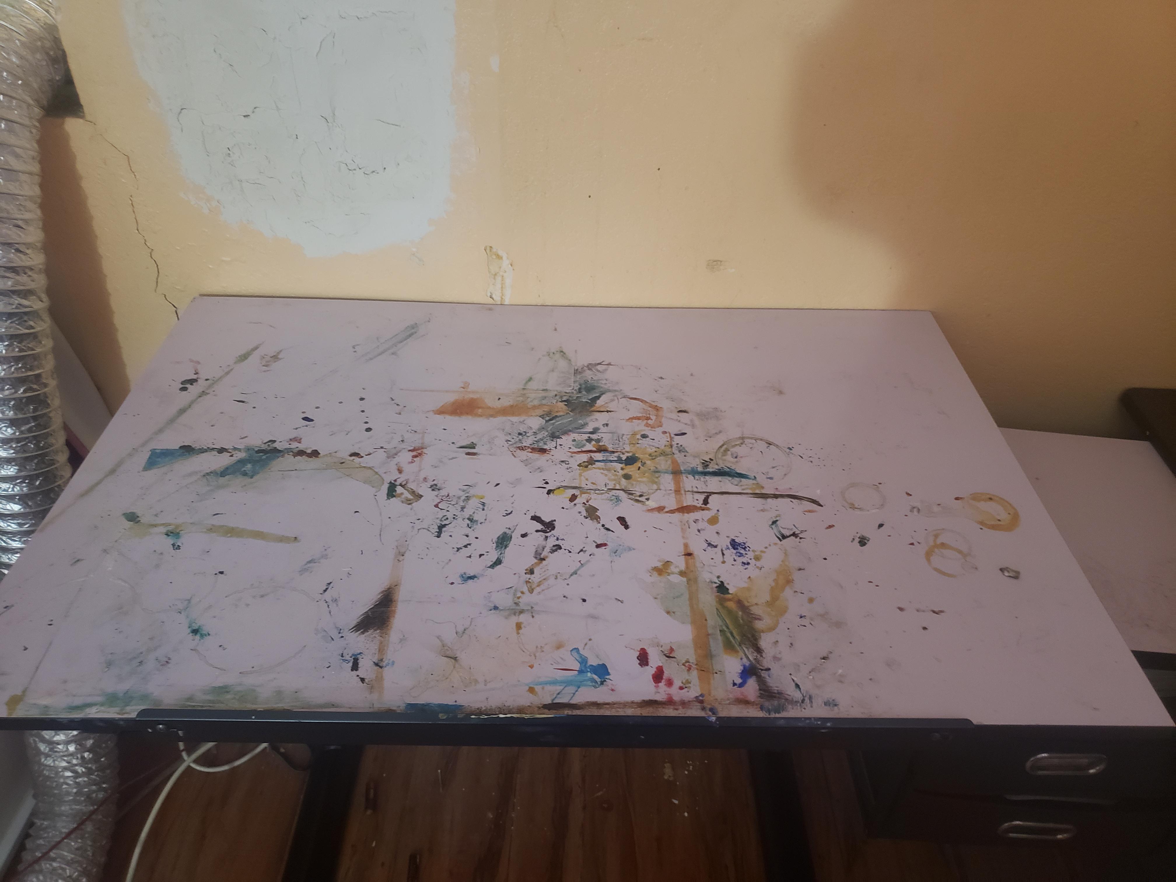 How do I clean year old dried up oil paints off this desk? r/CleaningTips