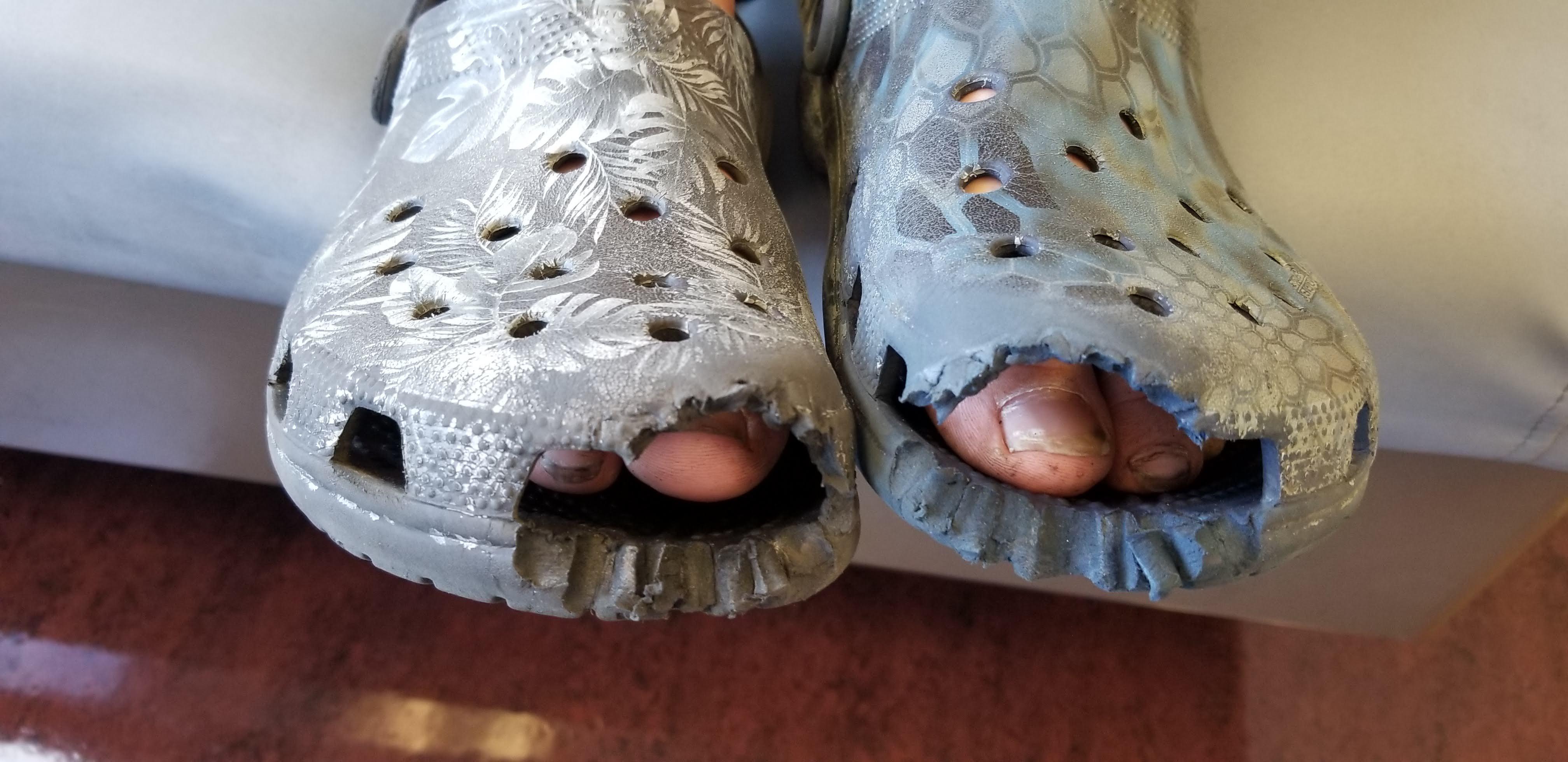These Crocks got pinched by the top of an escalator, removing the toes