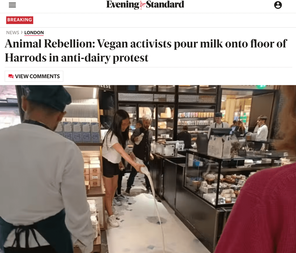 Animal Rebellion Vegan activists pour milk onto floor of Harrods in