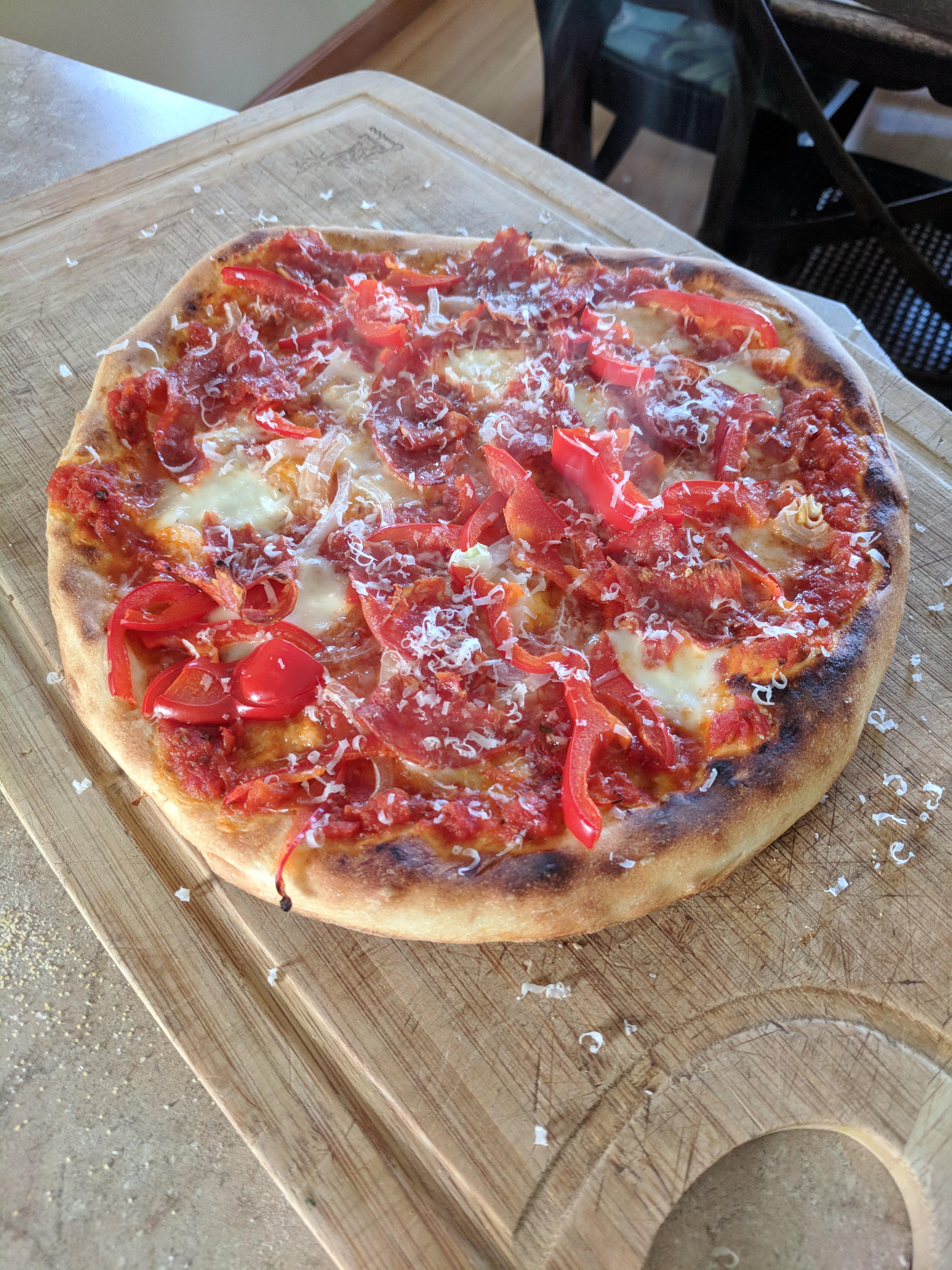 Spicy salami with peppers and onions Marcella Hazan dough NY pizza