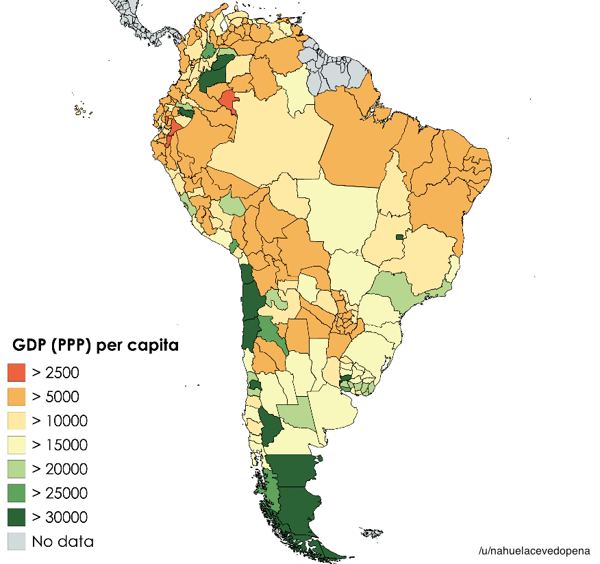 Subdivisiones nacionales en Sudamérica por PIB (PPA) per capita r