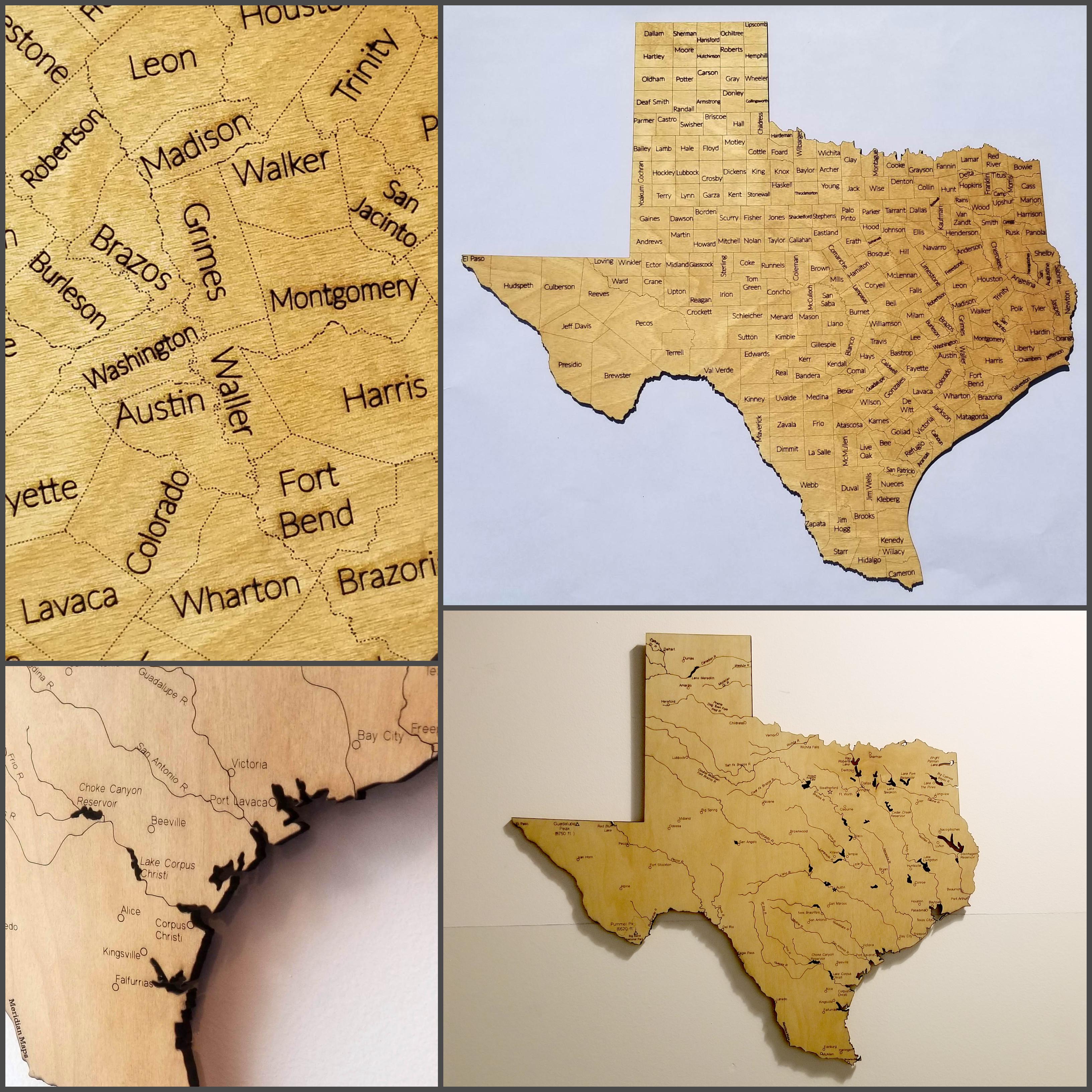 I made two wood maps of Texas. A map of Counties and a map with Rivers