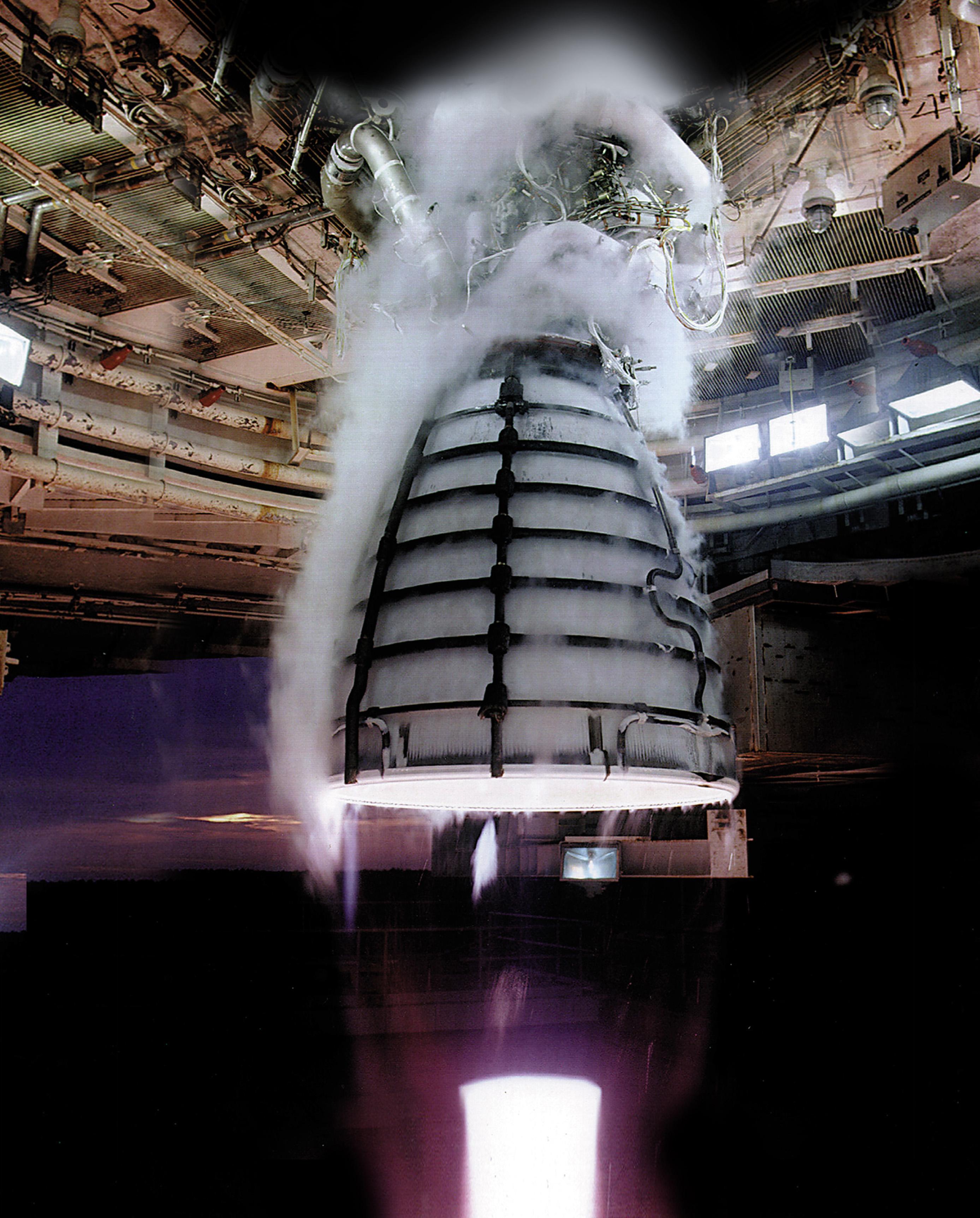 Space Shuttle Main Engine test firing, one of the three clustered RS-25