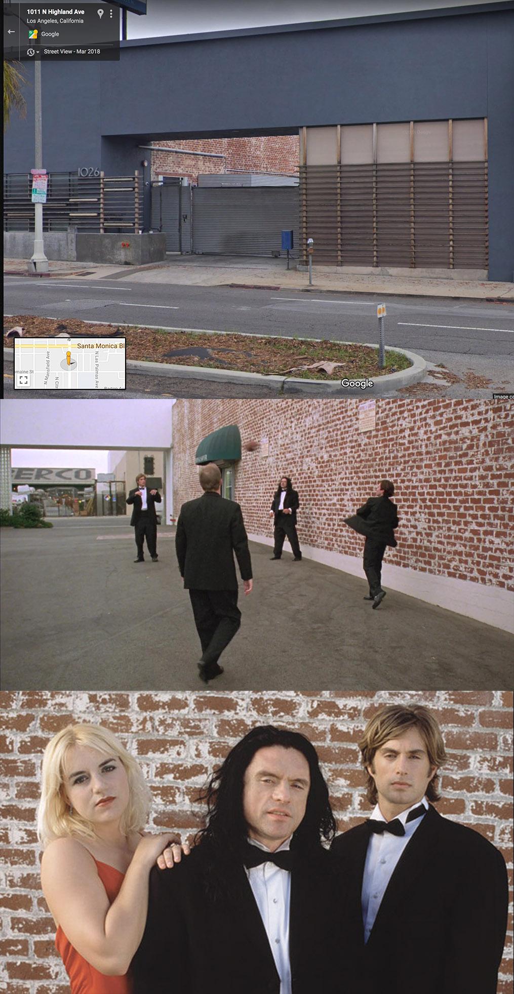 The infamous brick wall is still visible through a gap in the old Birns & Sawyer building via