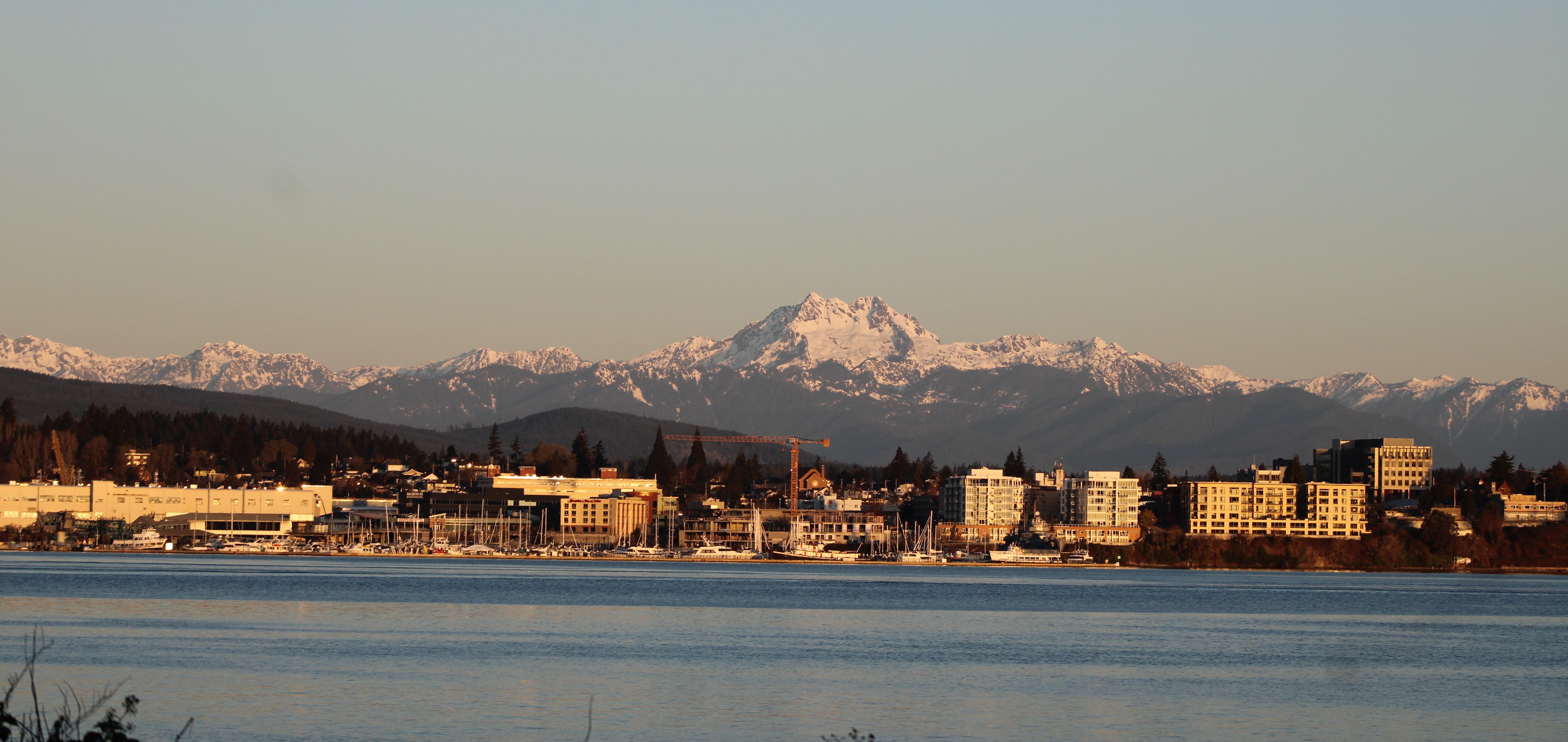 Bremerton with an Olympic Mountain backdrop. Viewed from Port Orchard