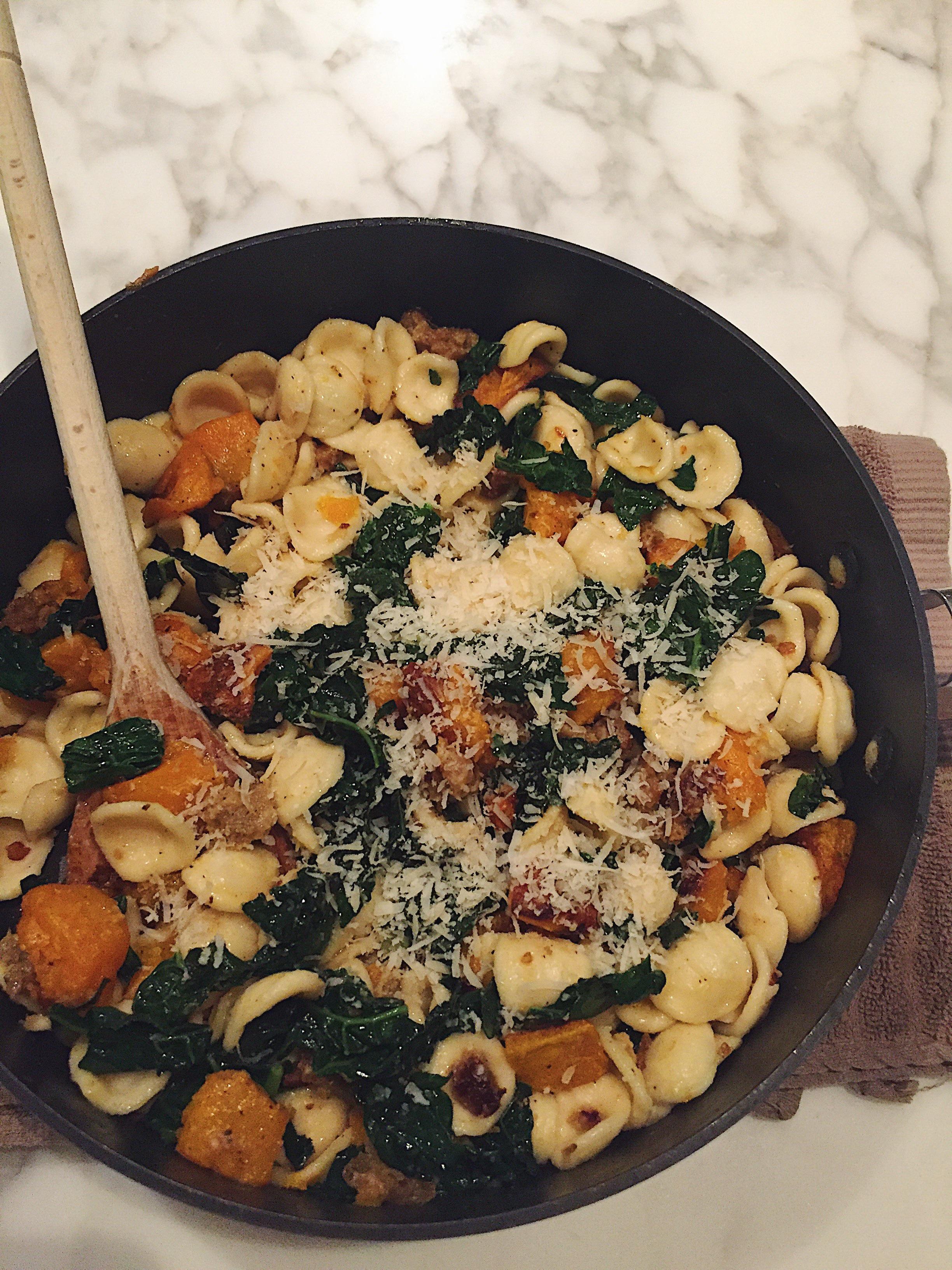 Orecchiette w/ roasted butternut squash, kale & field roast apple sage