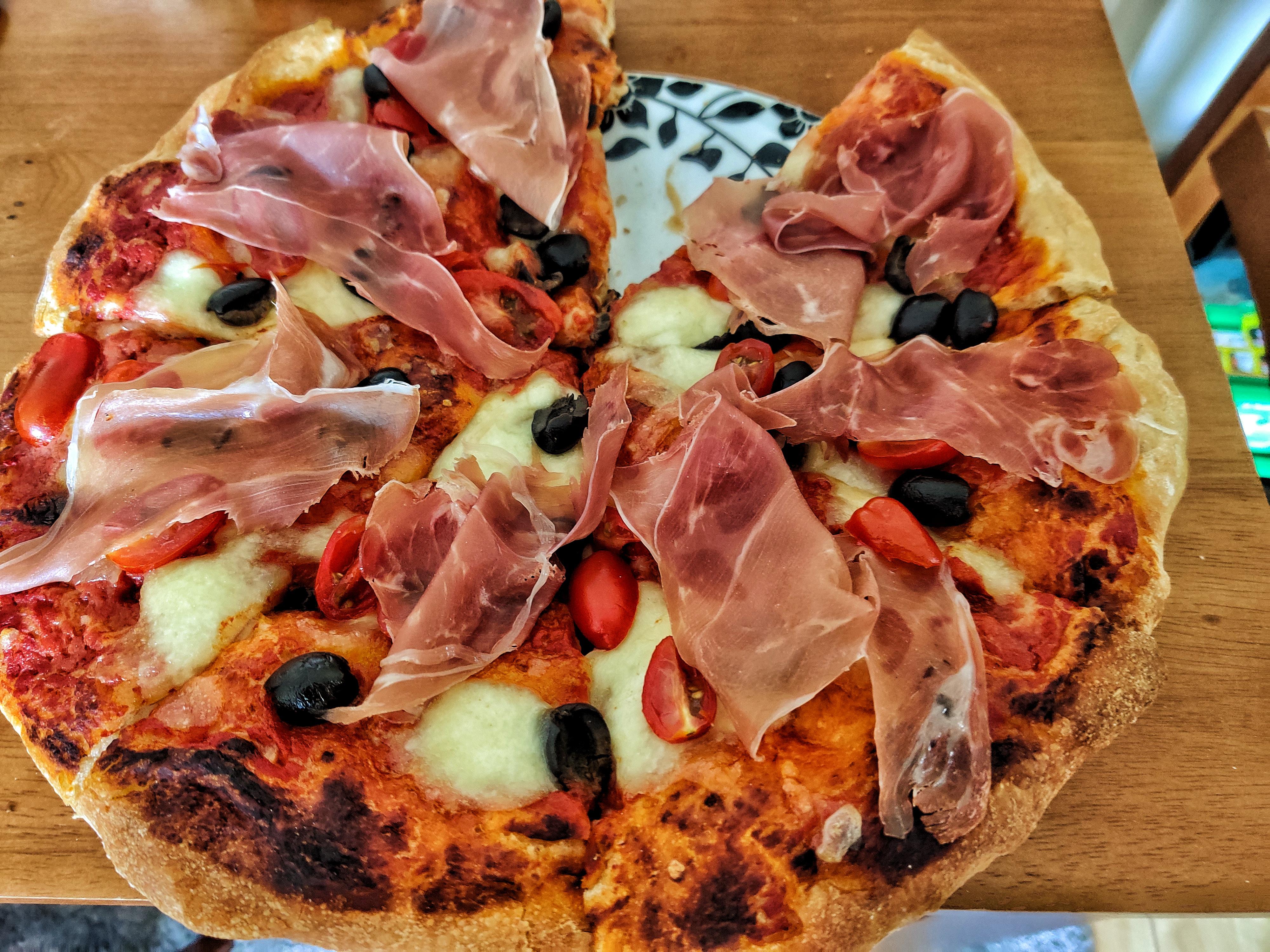 Homemade pizza Prosciutto olives and cherry tomatoes r/Pizza