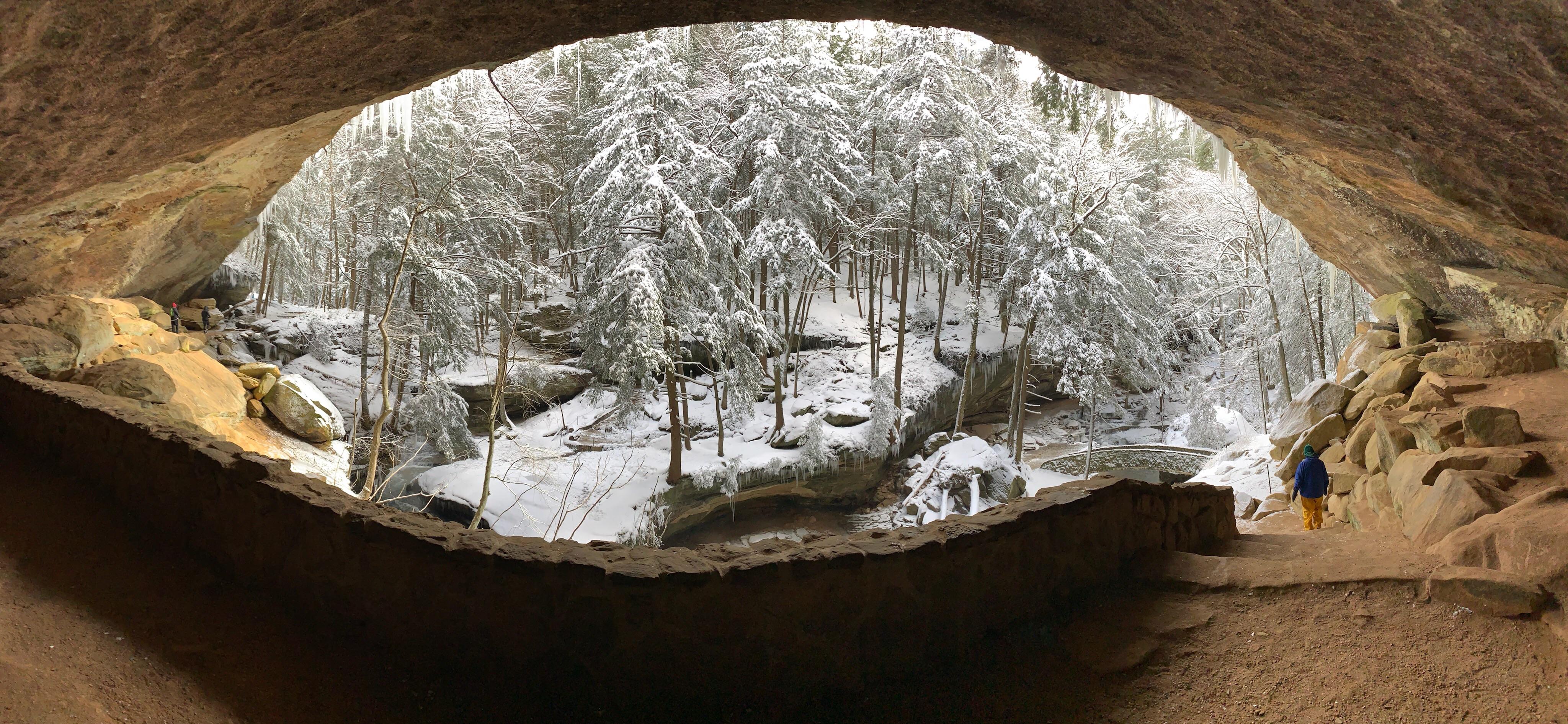 A winter trip to Hocking Hills in Ohio. Dad for scale. Photo credit