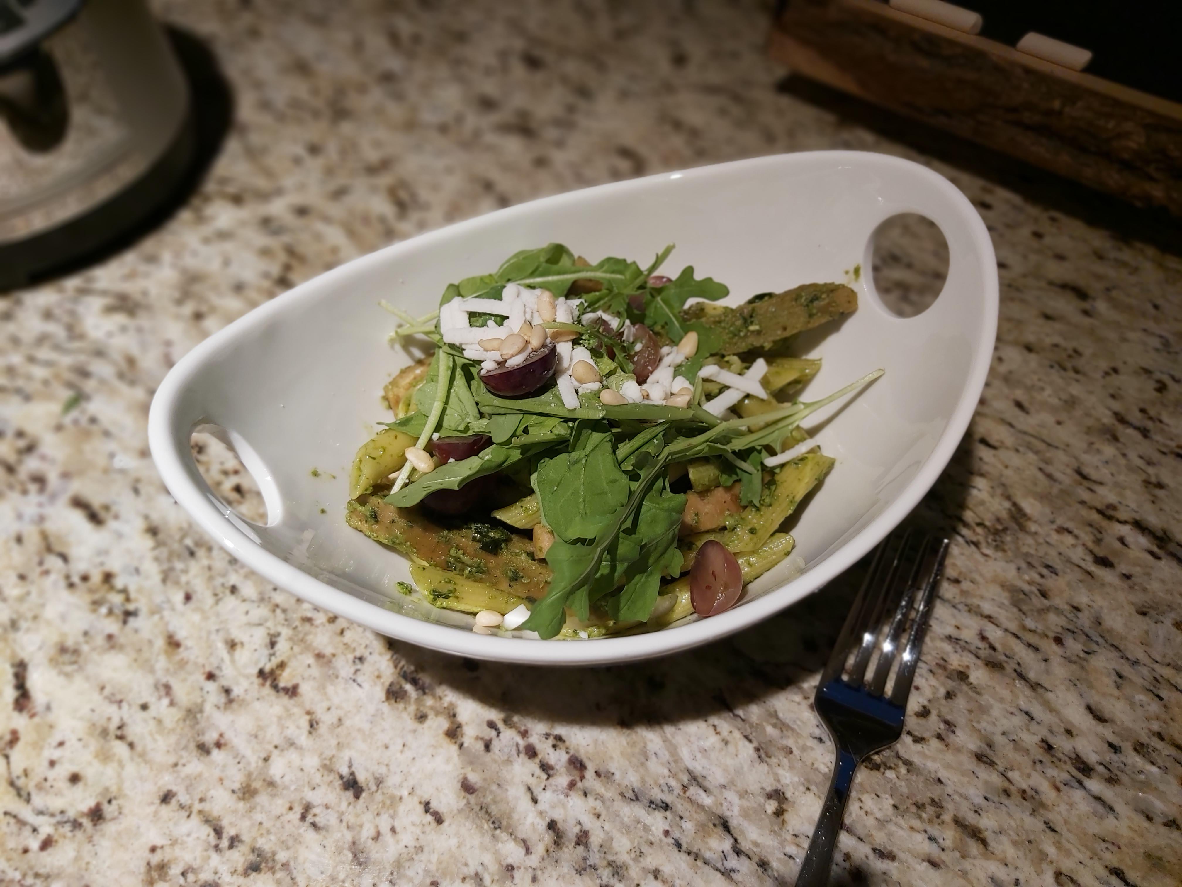 "Chicken" Penne with Homemade Pesto, Pickled Grapes, and Arugula
